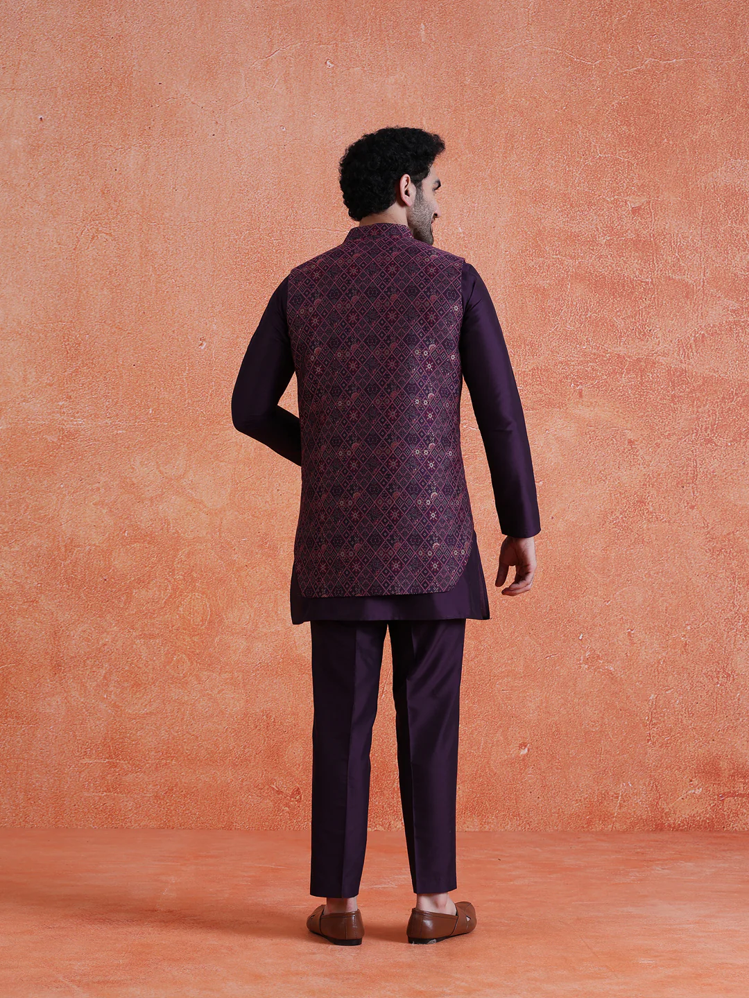 Purple Silk Blend Jacquard Mid Kurta Front Open Long Jacket Trouser Set - Image 4