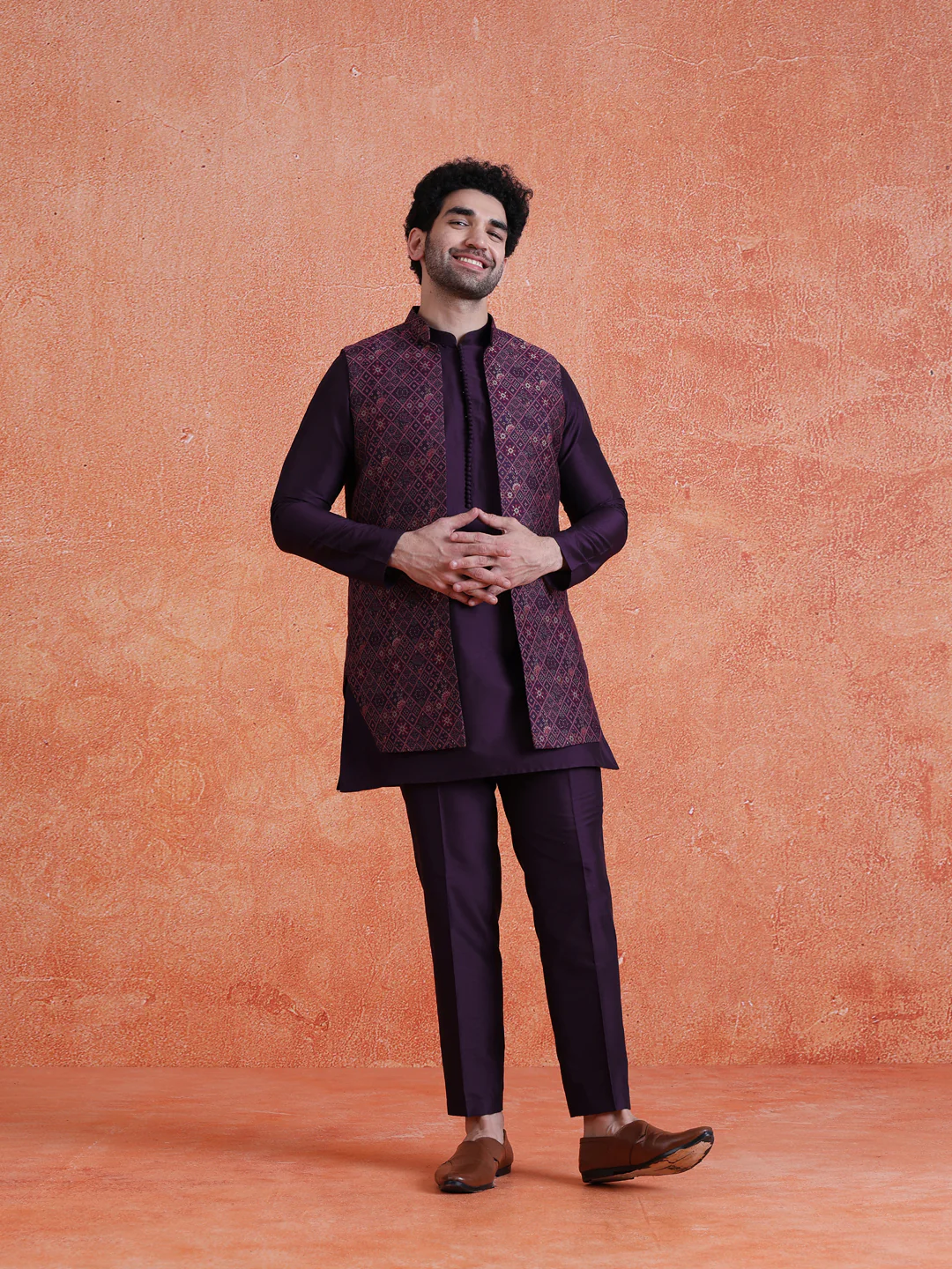 Purple Silk Blend Jacquard Mid Kurta Front Open Long Jacket Trouser Set - Image 7