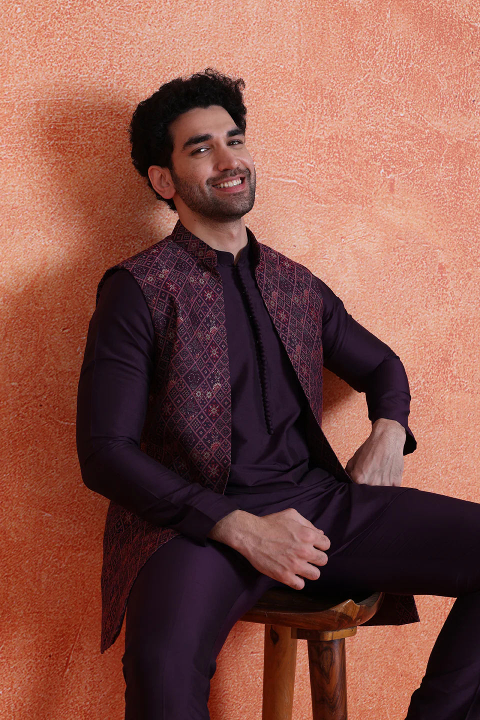 Purple Silk Blend Jacquard Mid Kurta Front Open Long Jacket Trouser Set - Image 9