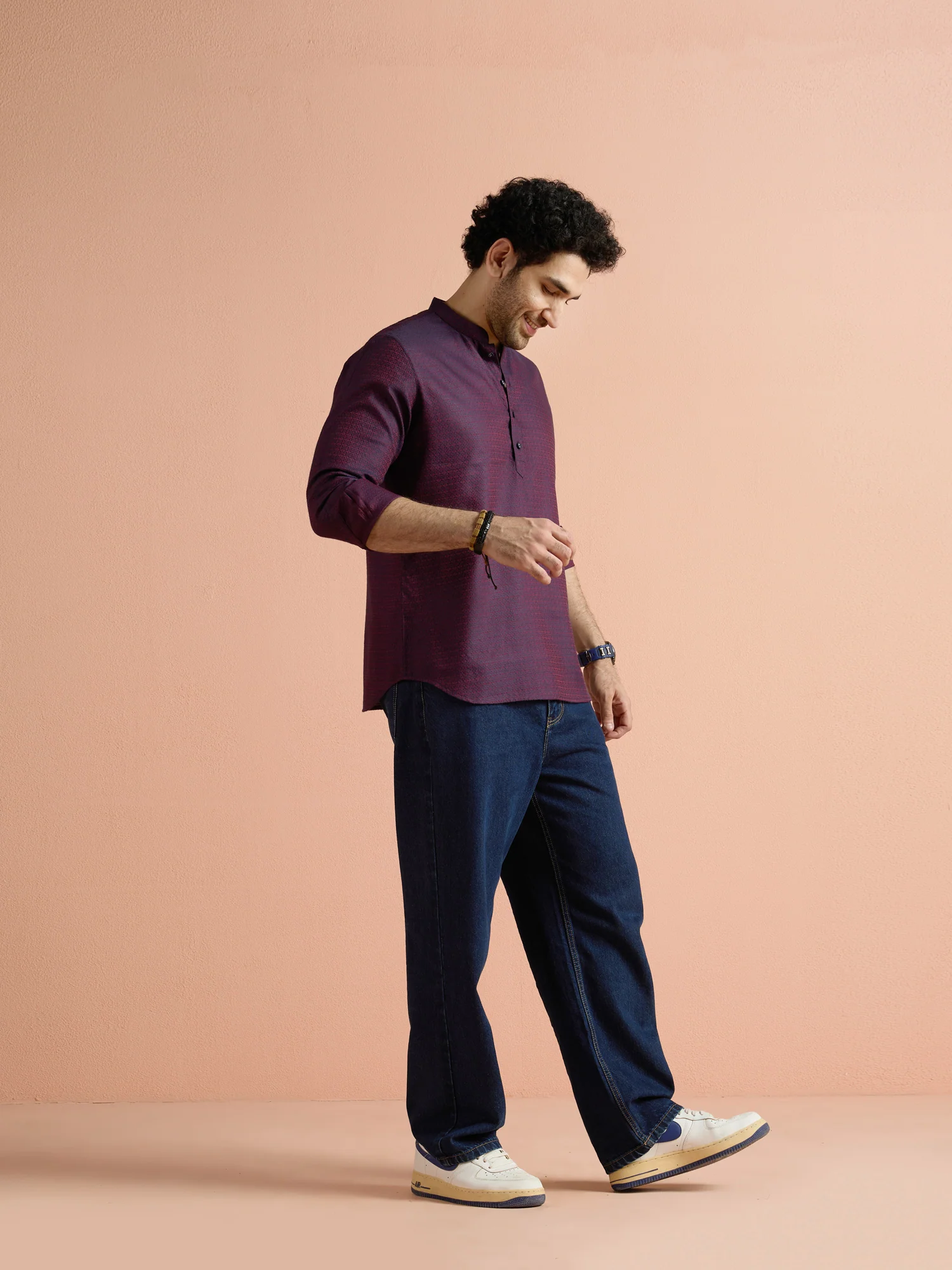 Purple Silk Blend Jacquard Short Kurta - Image 2