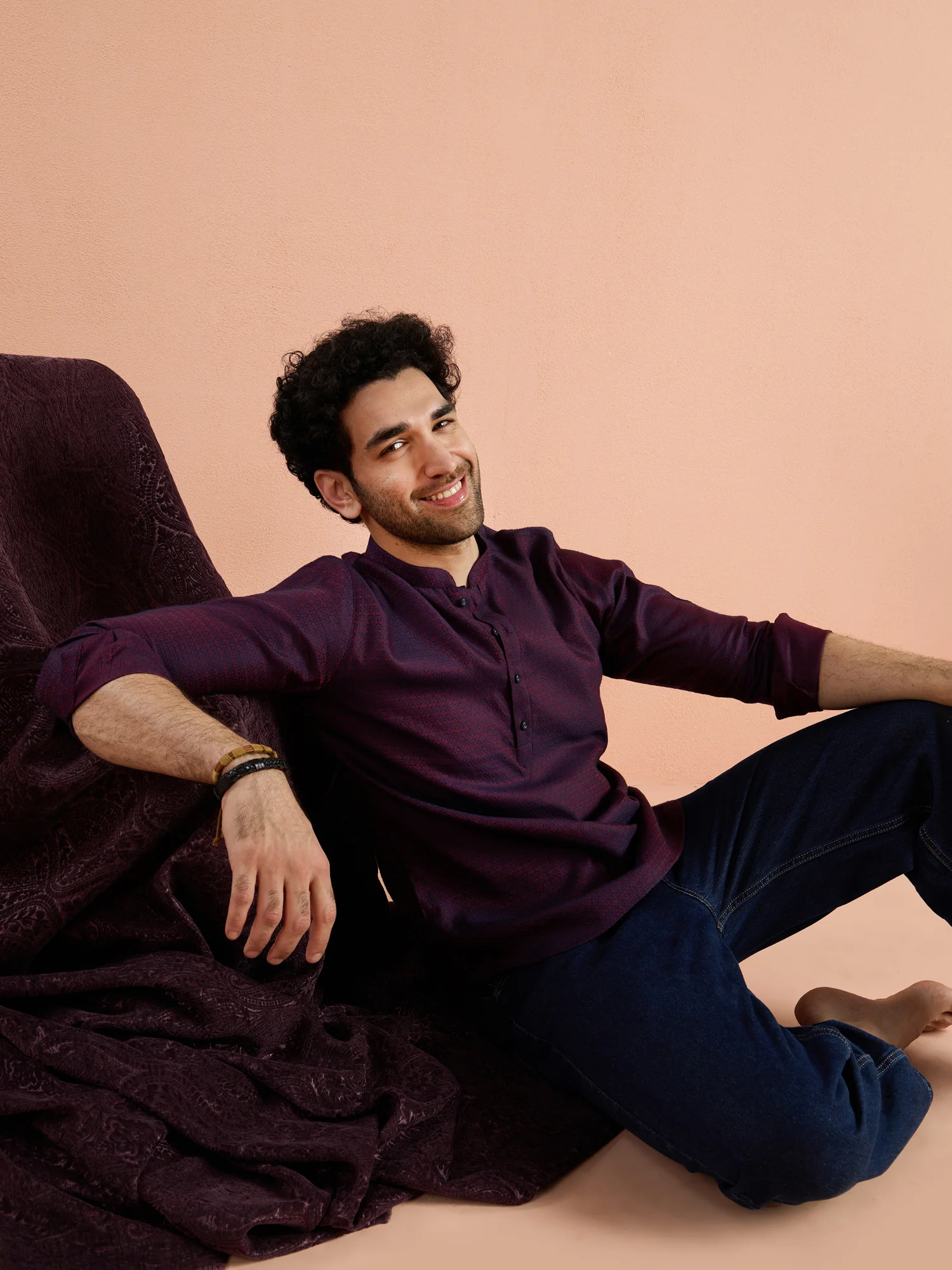 Purple Silk Blend Jacquard Short Kurta - Image 7