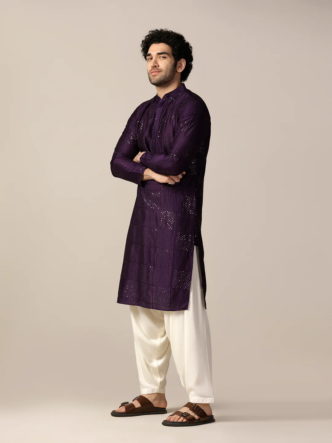 Purple Silk Blend Mirror Work Kurta Patiyala Set - Image 3