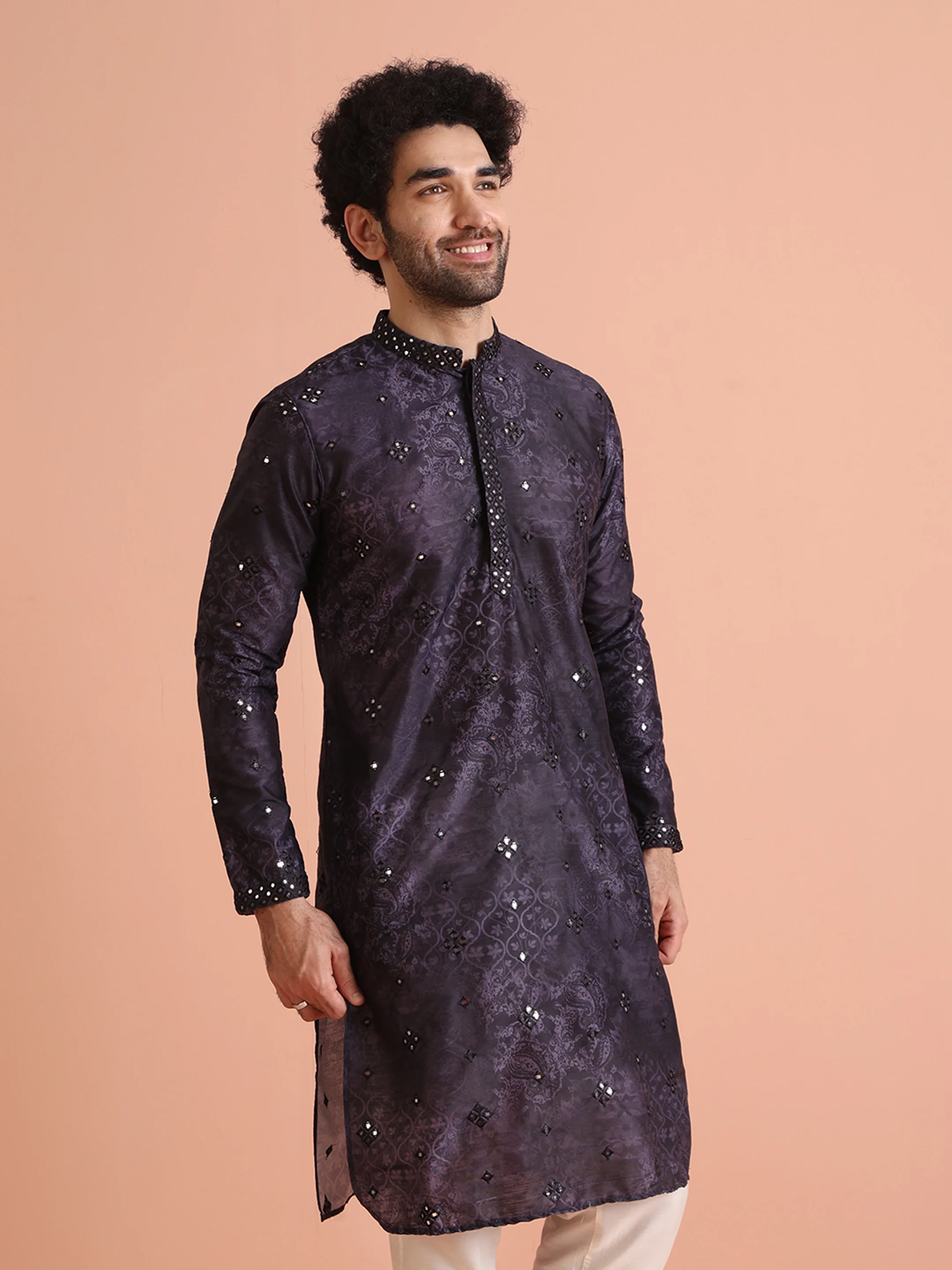 Purple Silk Blend Mirror Work Long Kurta - Image 3