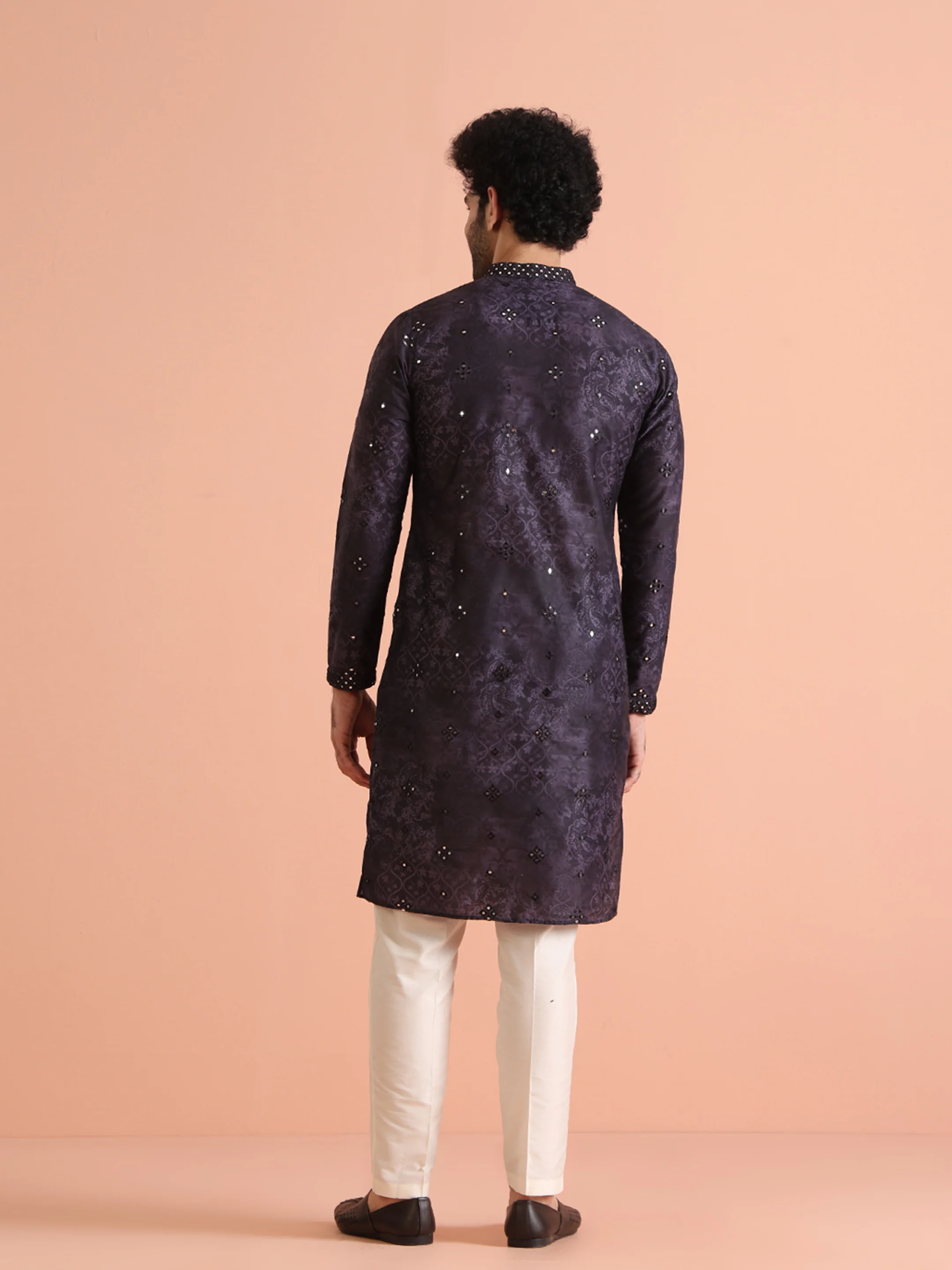 Purple Silk Blend Mirror Work Long Kurta - Image 4