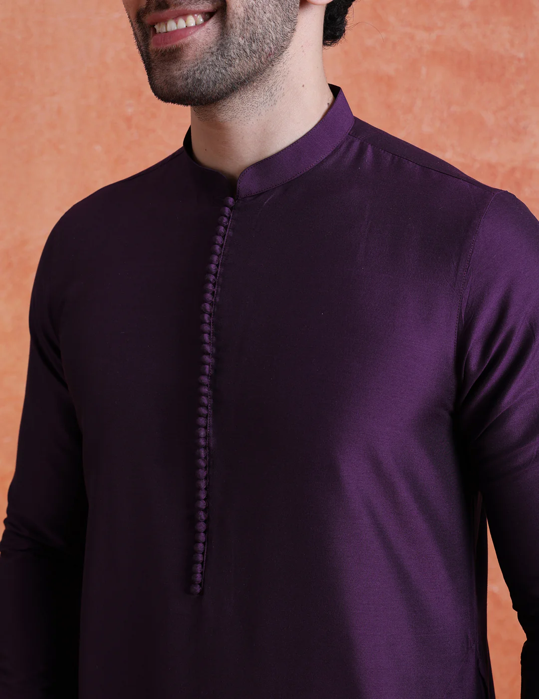Purple Silk Blend Solid Mid Kurta - Image 5