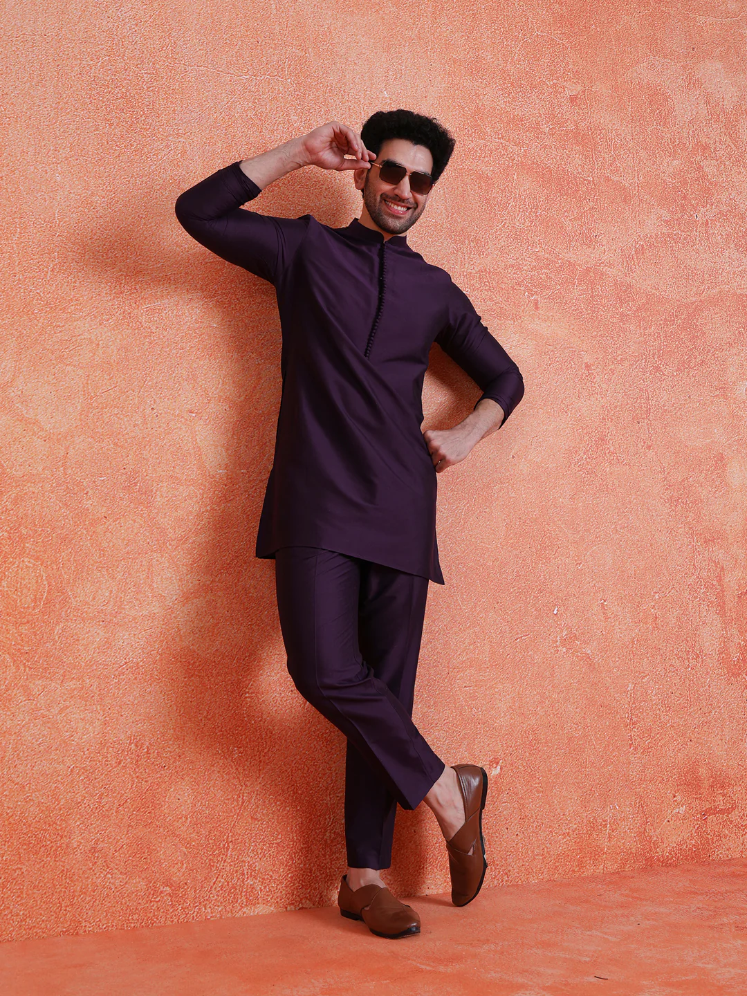Purple Silk Blend Solid Mid Kurta - Image 6