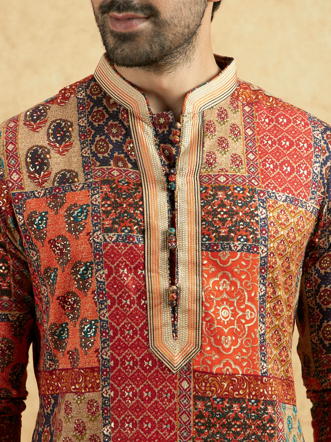 Red Beige Art Silk Printed Long Kurta - Image 3