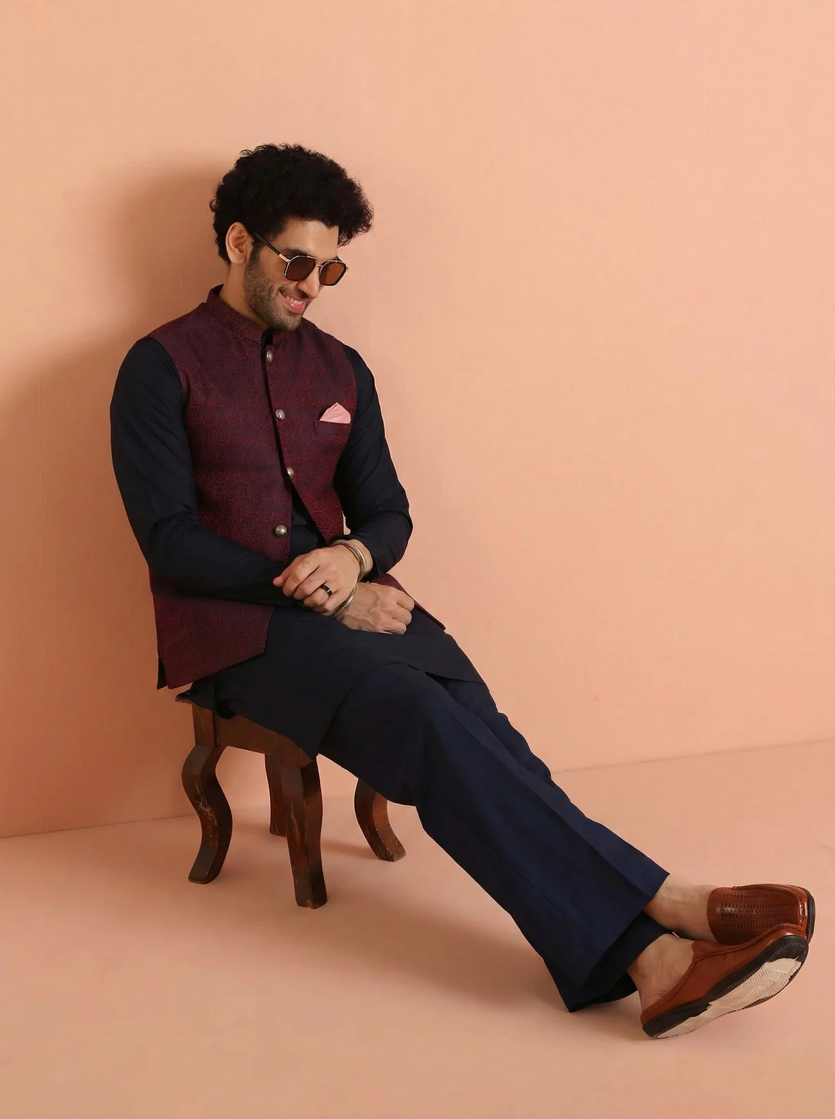 Red Cotton Blend Textured Mid Kurta Jacket Wide Leg Trouser Set - Image 2