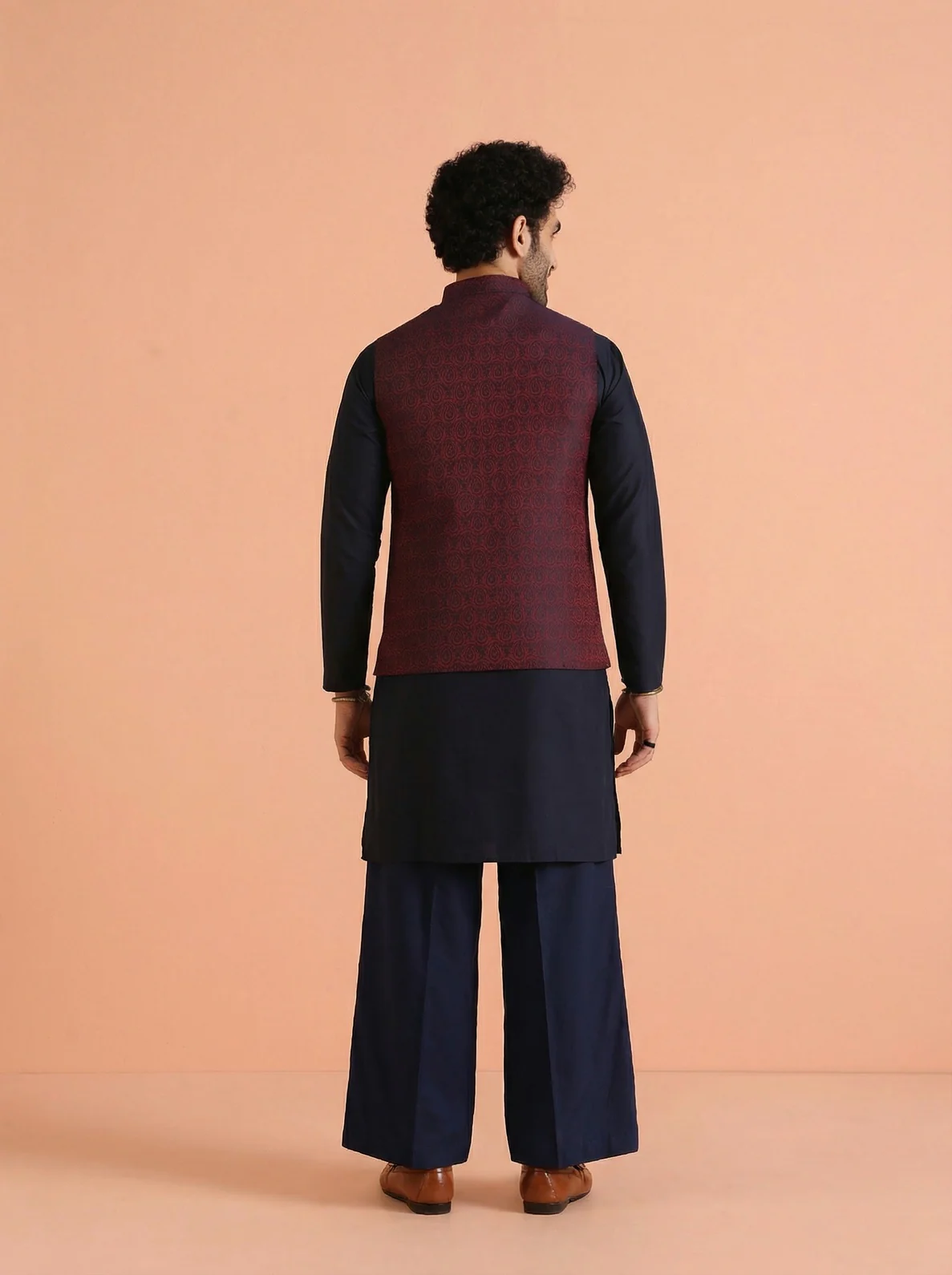 Red Cotton Blend Textured Mid Kurta Jacket Wide Leg Trouser Set - Image 3