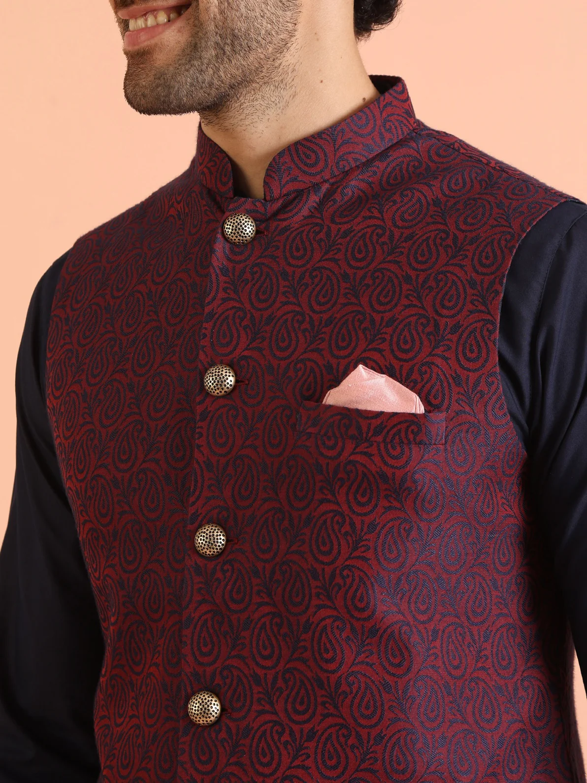 Red Cotton Blend Textured Mid Kurta Jacket Wide Leg Trouser Set - Image 4