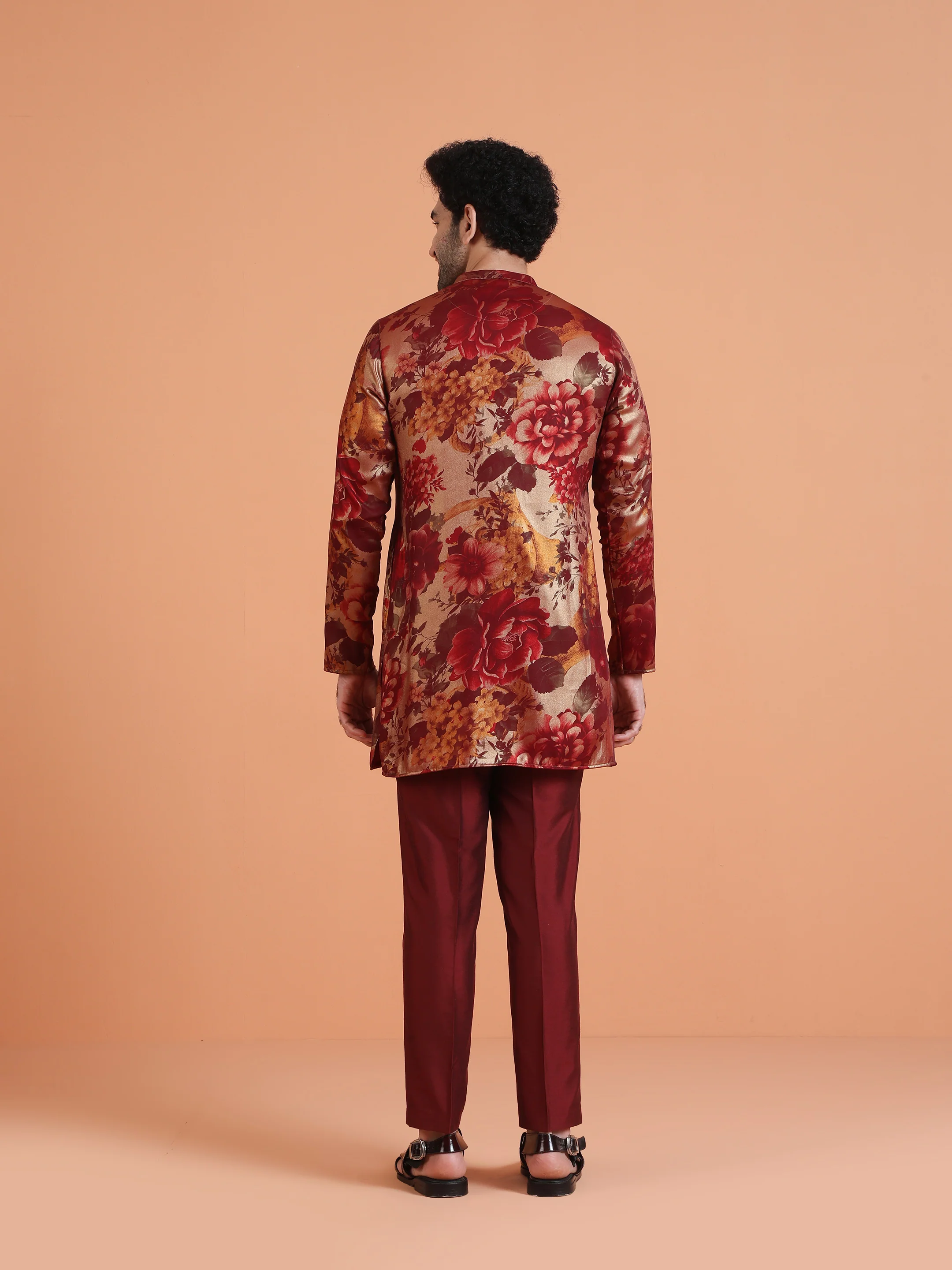 Red Floral Art Silk Mid Kurta Set - Image 4