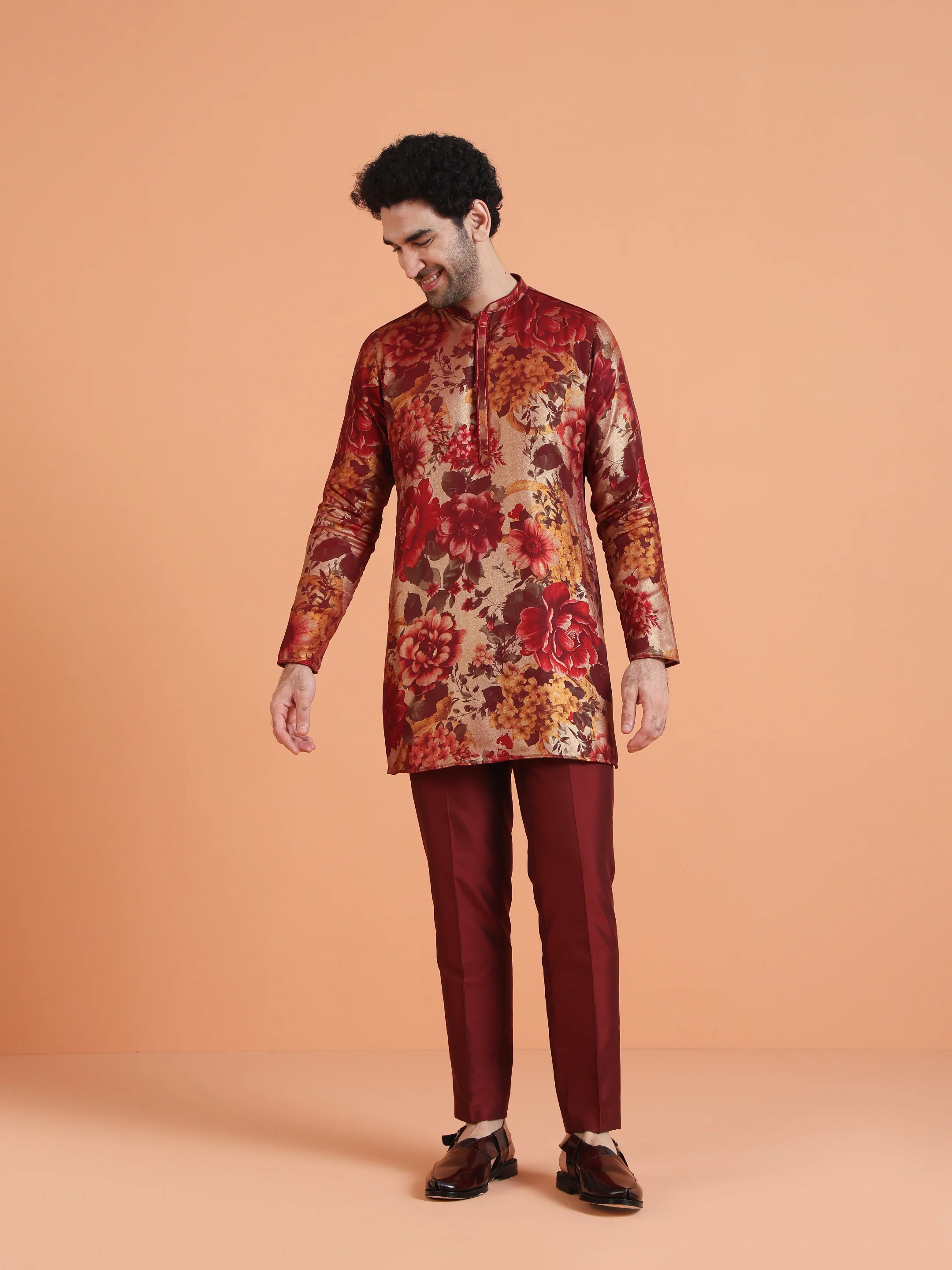 Red Floral Art Silk Mid Kurta Set - Image 7