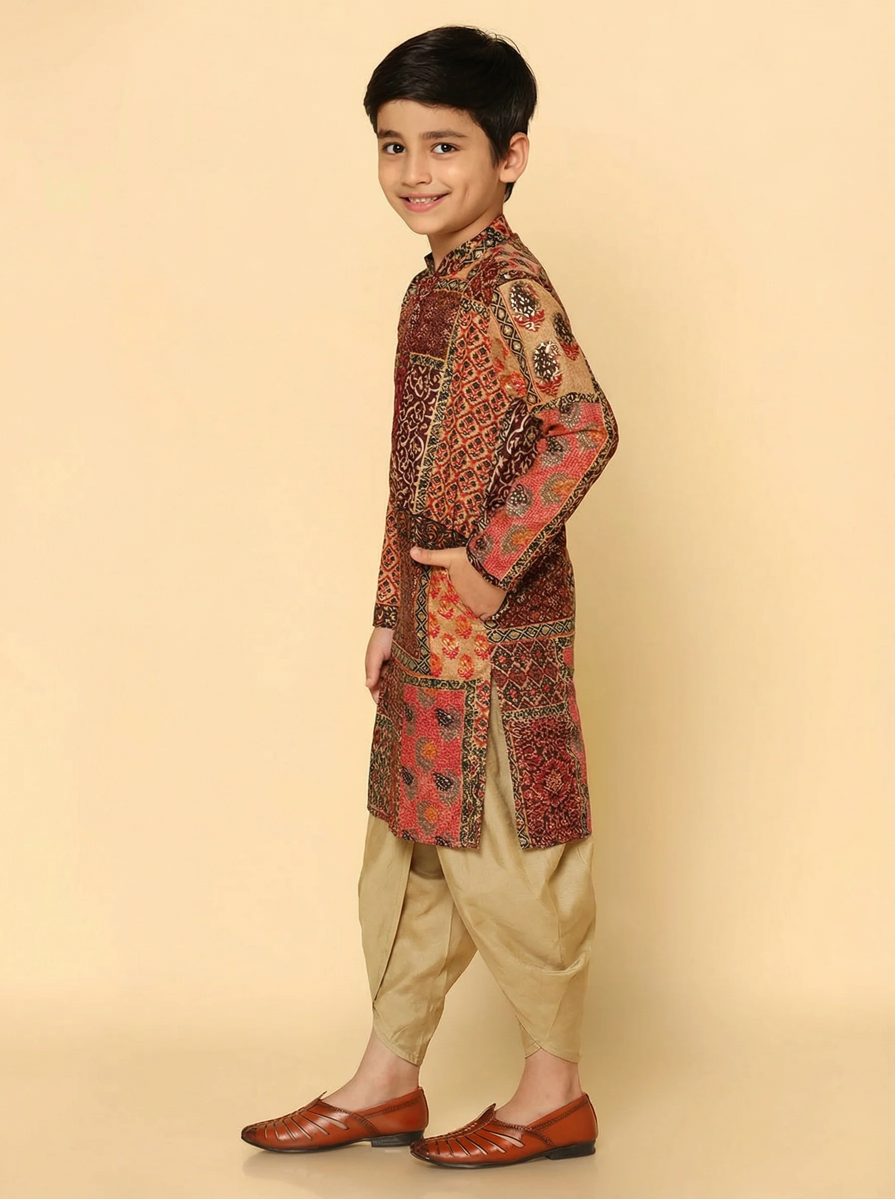 Red Multicolor Cotton Blend Printed Kurta Dhoti Set - Image 2