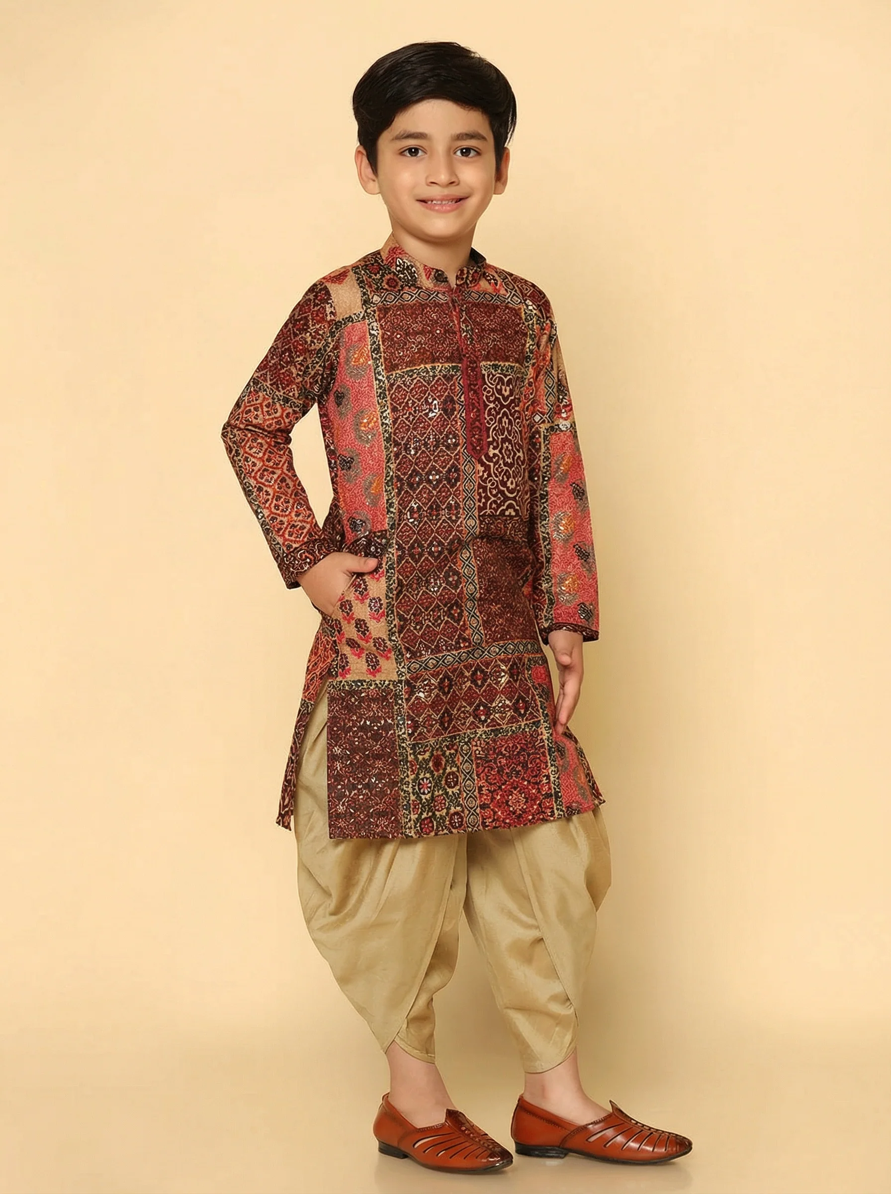 Red Multicolor Cotton Blend Printed Kurta Dhoti Set - Image 3