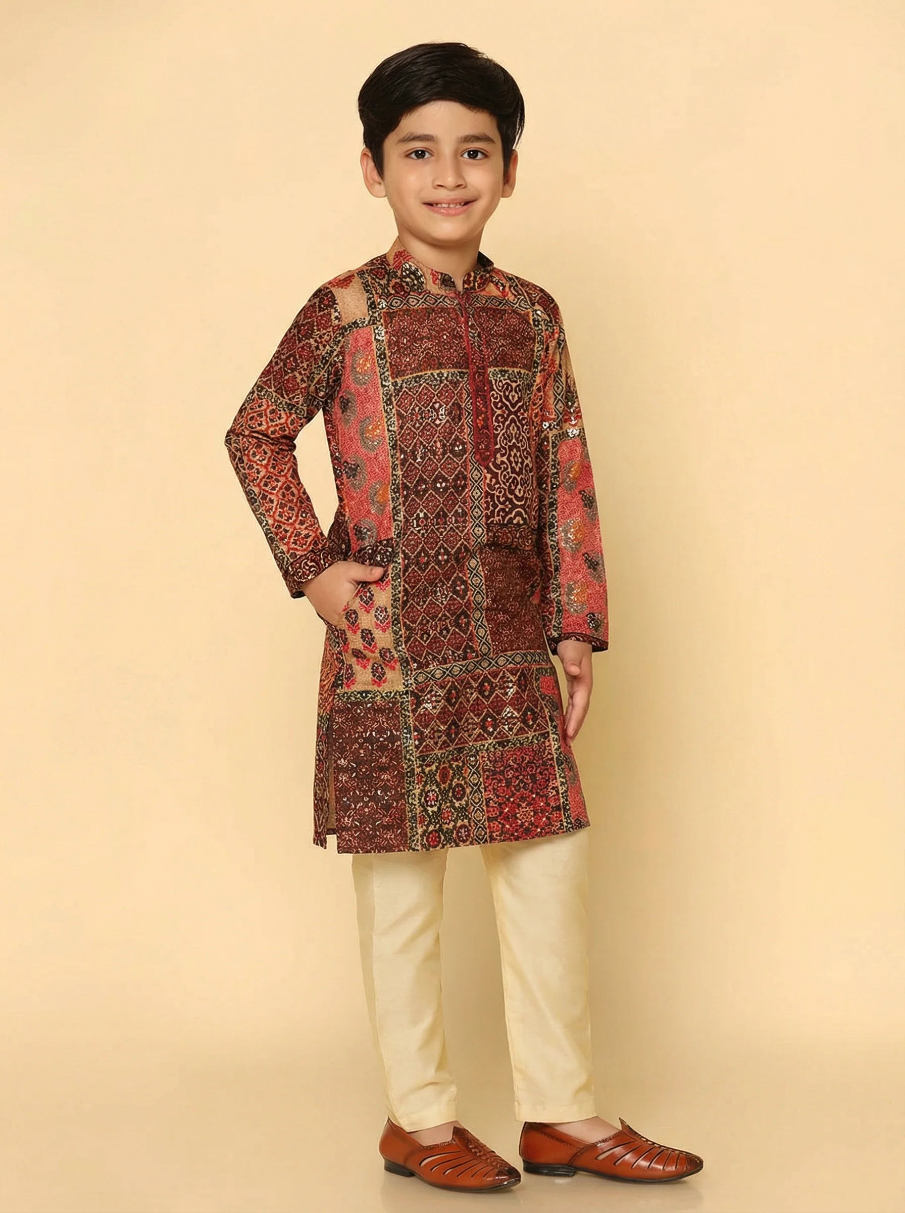 Red Multicolor Cotton Blend Printed Kurta Pyjama Set - Image 3