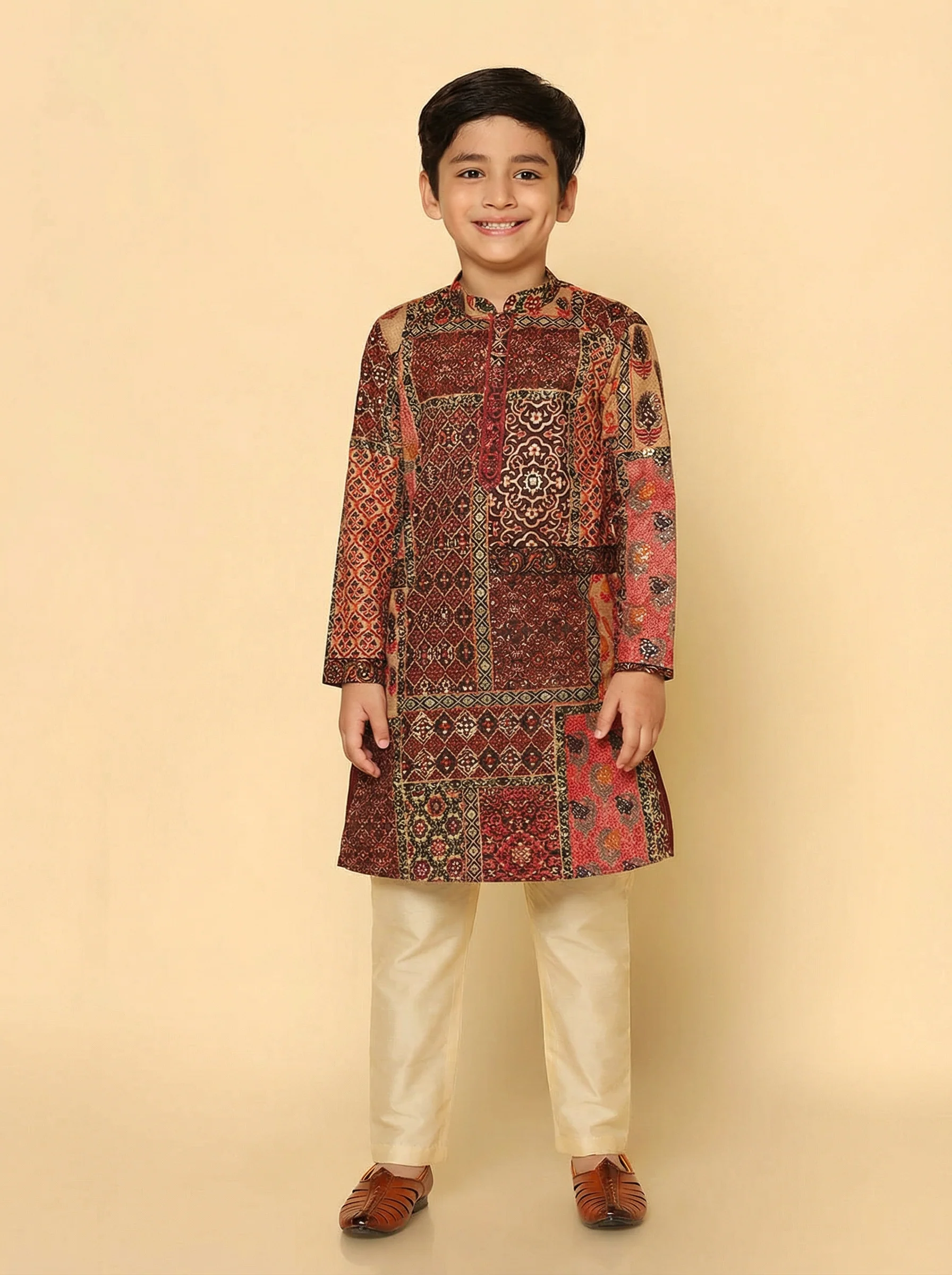 Red Multicolor Cotton Blend Printed Kurta Pyjama Set - Image 7