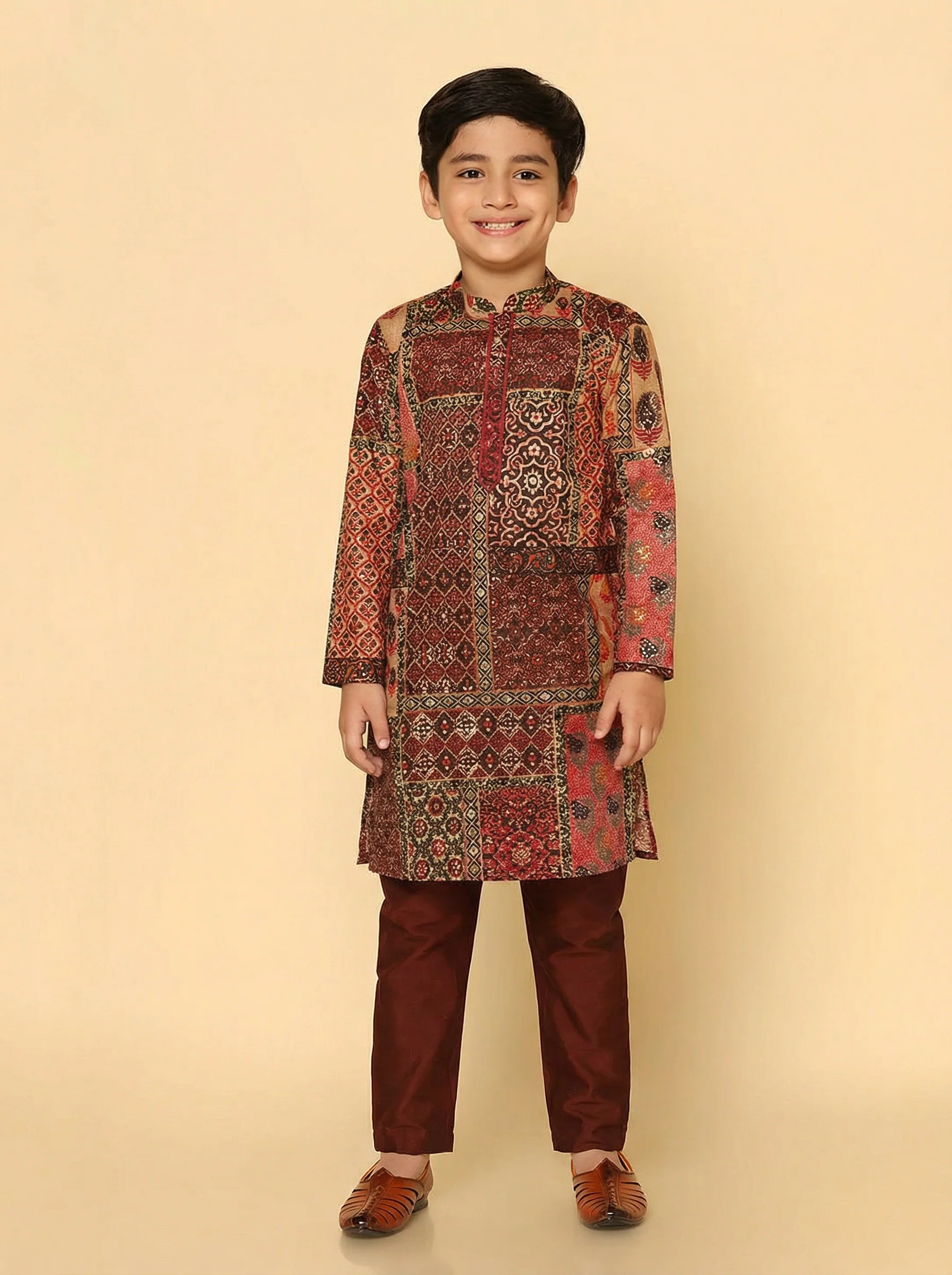 Red Multicolor Cotton Blend Printed Kurta Pyjama Set - Image 2