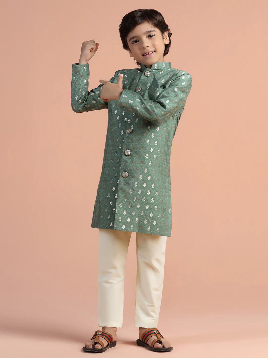 Sage Green Jacquard Kids Sherwani Set