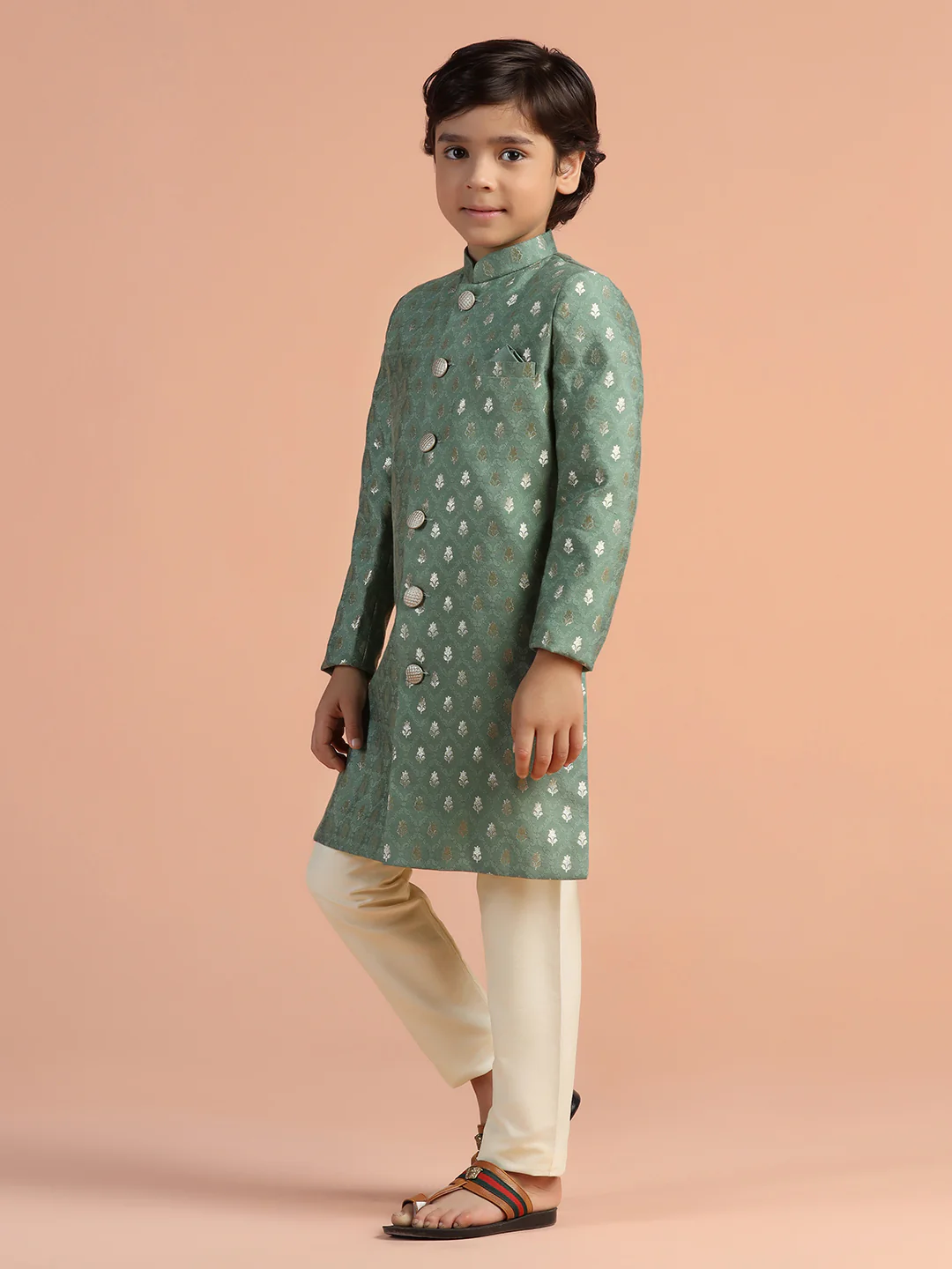 Sage Green Jacquard Kids Sherwani Set - Image 2