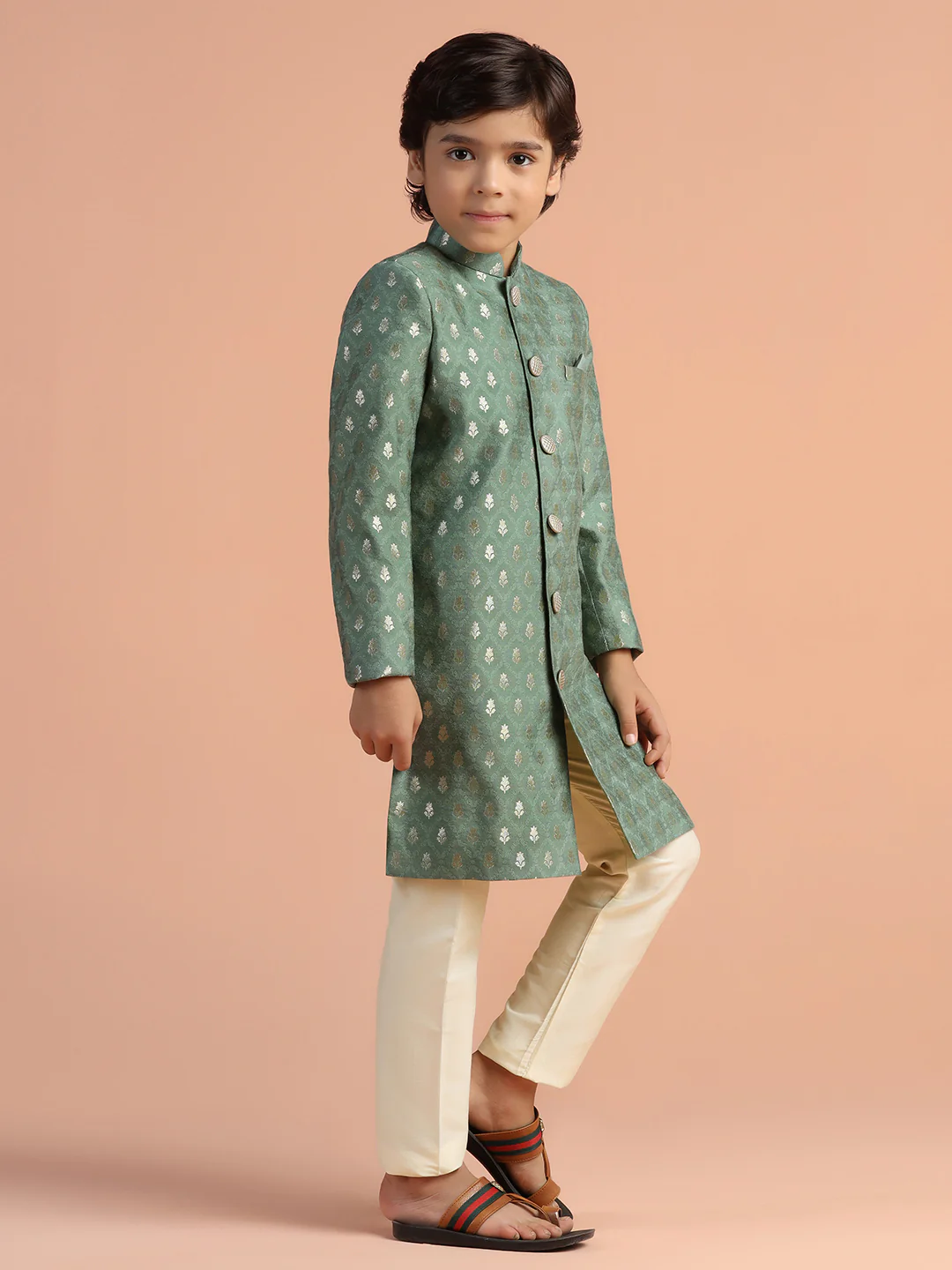 Sage Green Jacquard Kids Sherwani Set - Image 3