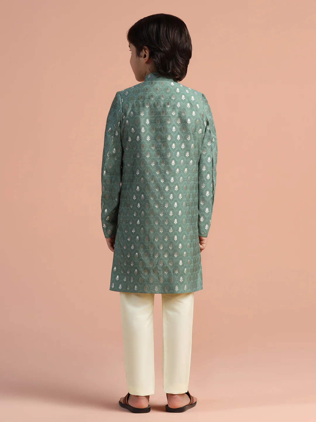 Sage Green Jacquard Kids Sherwani Set - Image 4