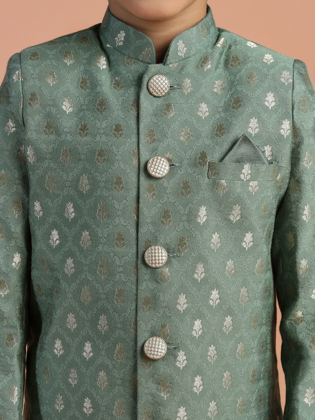 Sage Green Jacquard Kids Sherwani Set - Image 5