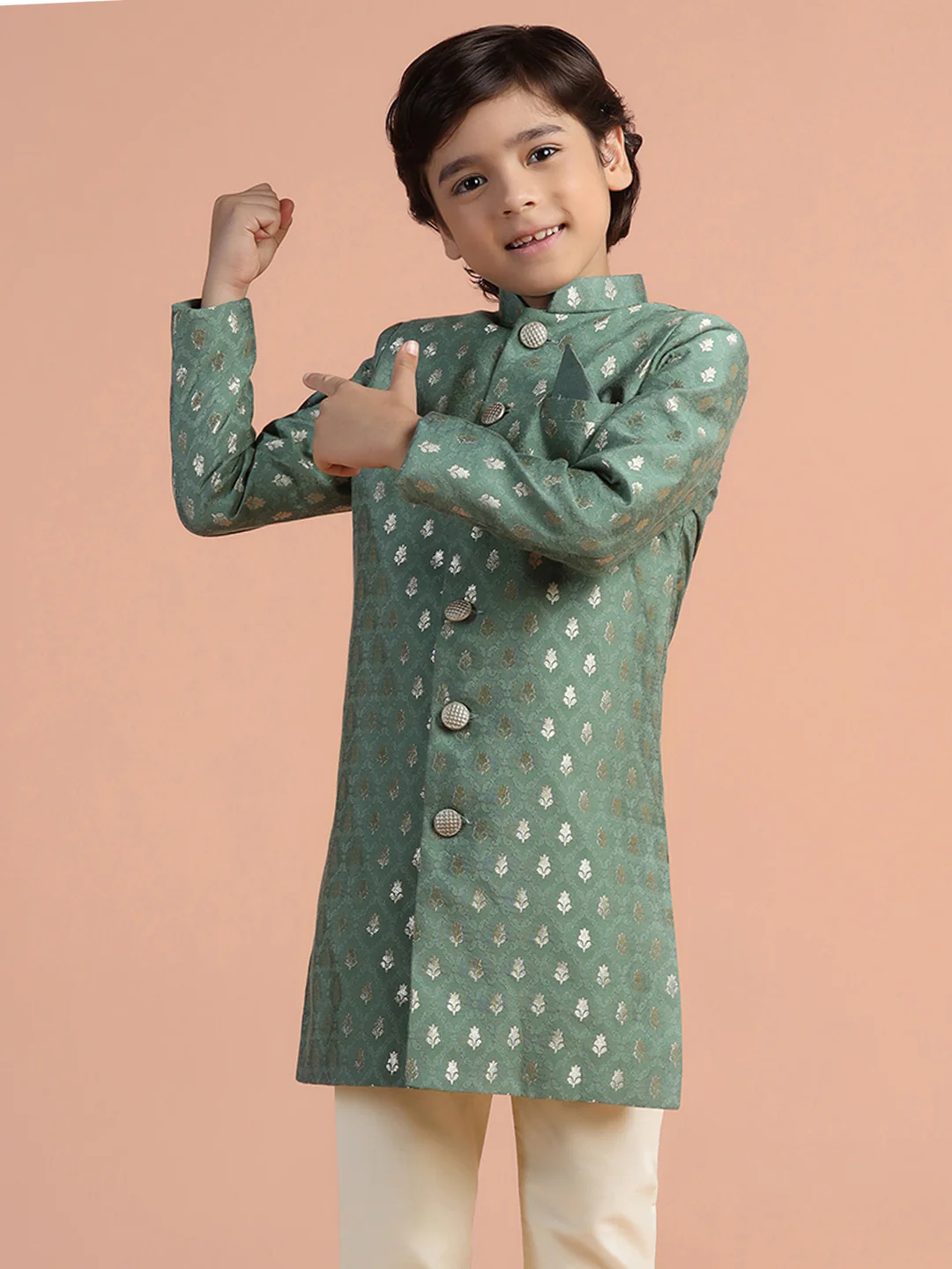 Sage Green Jacquard Kids Sherwani Set - Image 8