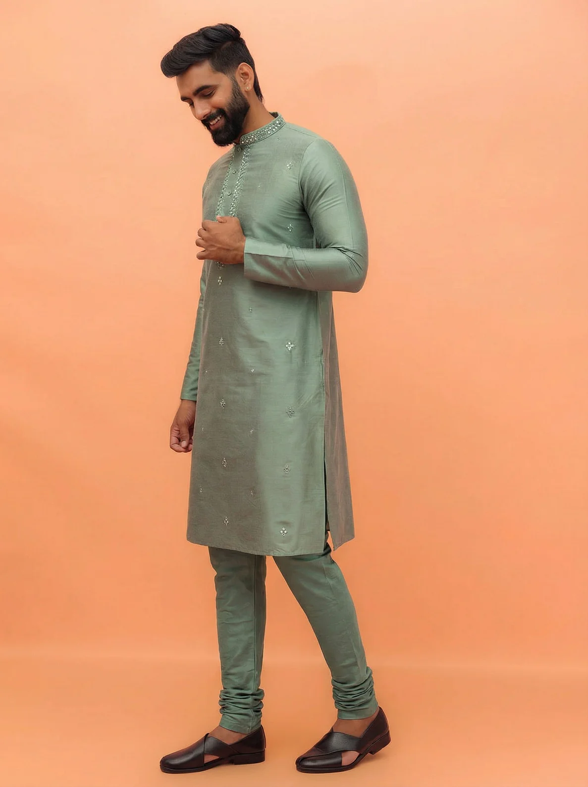 Sage Green Silk Blend Mirror Work Kurta Churidar Set - Image 2