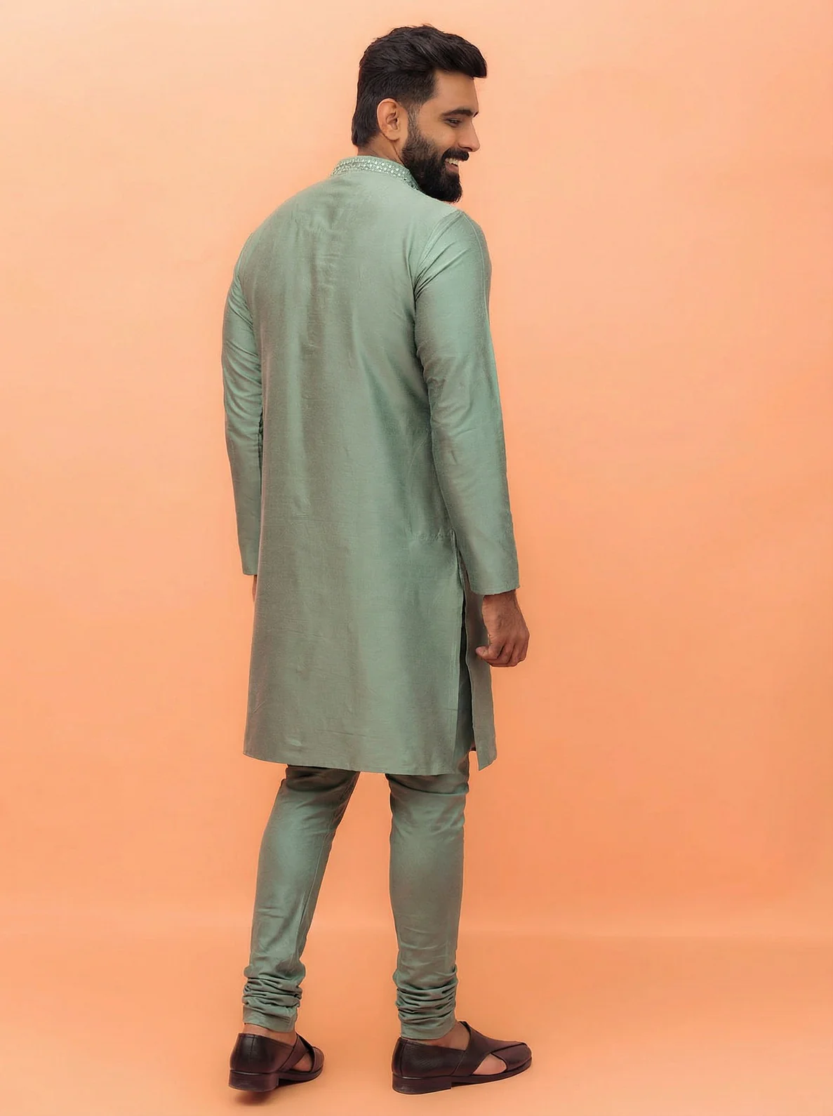 Sage Green Silk Blend Mirror Work Kurta Churidar Set - Image 3