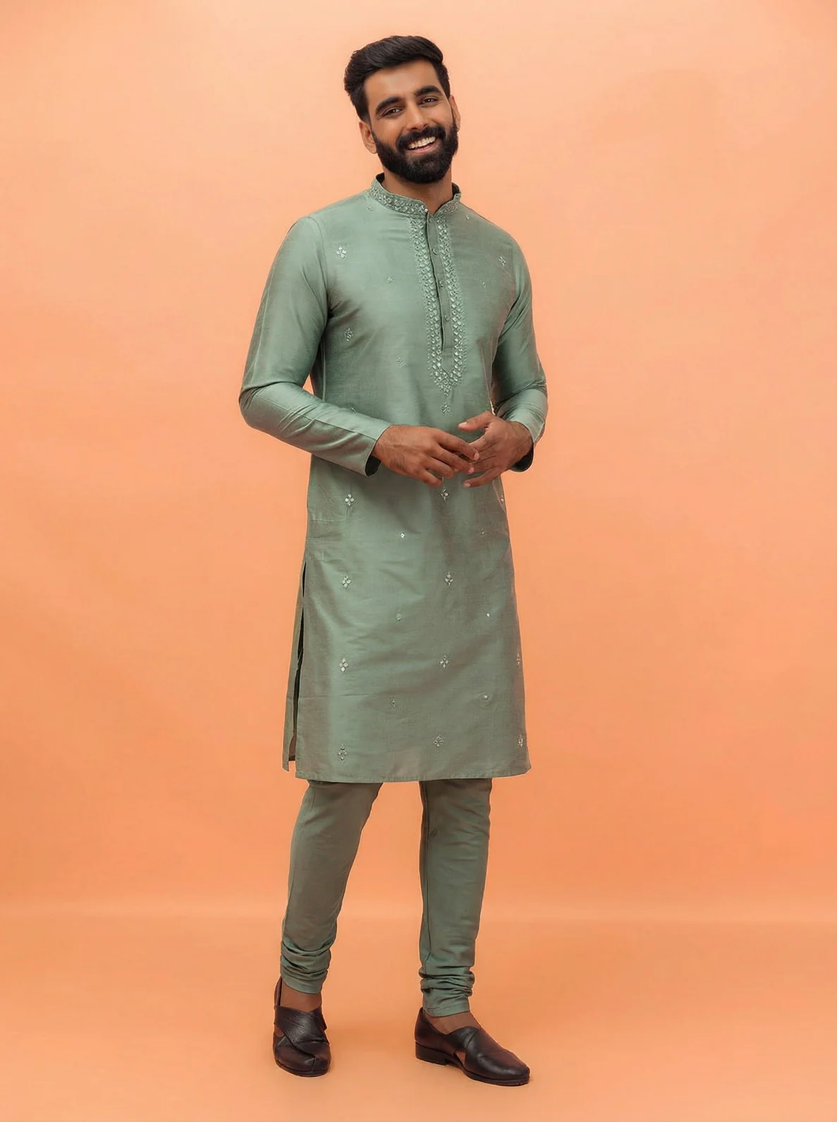 Sage Green Silk Blend Mirror Work Kurta Churidar Set - Image 6