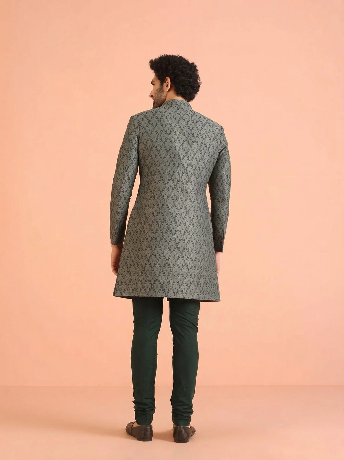 Sage Silk Blend Jacquard Sherwani Churidar Set - Image 3