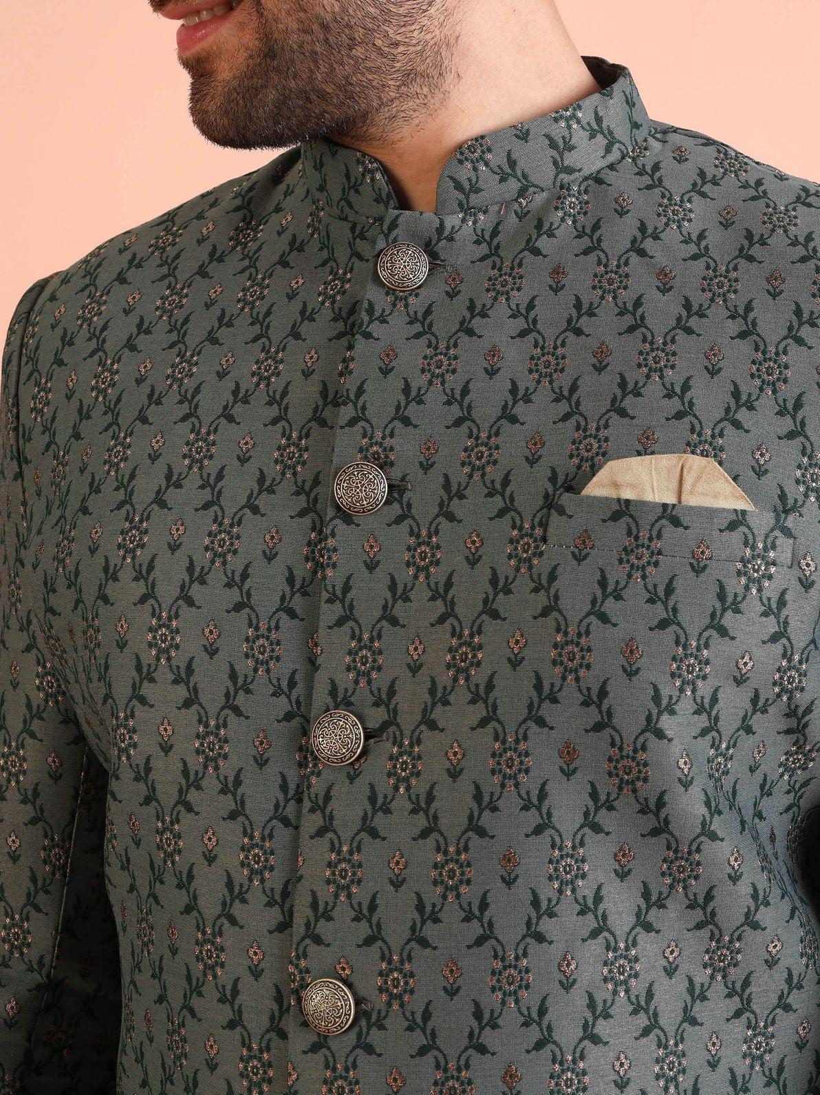 Sage Silk Blend Jacquard Sherwani Churidar Set - Image 4