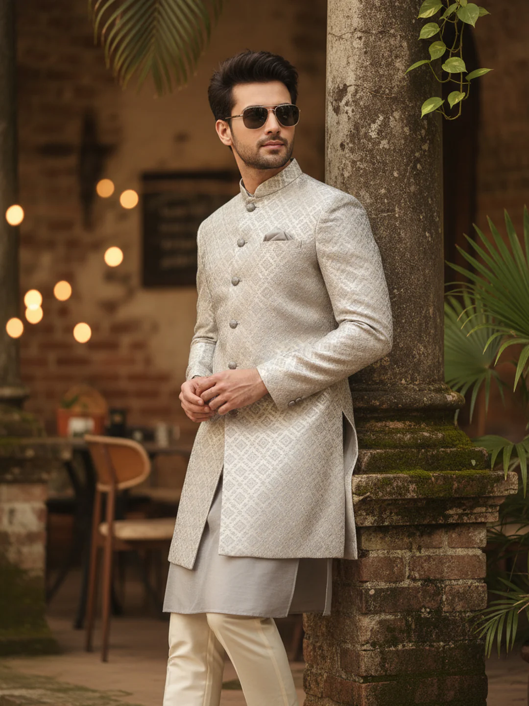 Silver Brocade Sherwani Trouser Set - Image 2