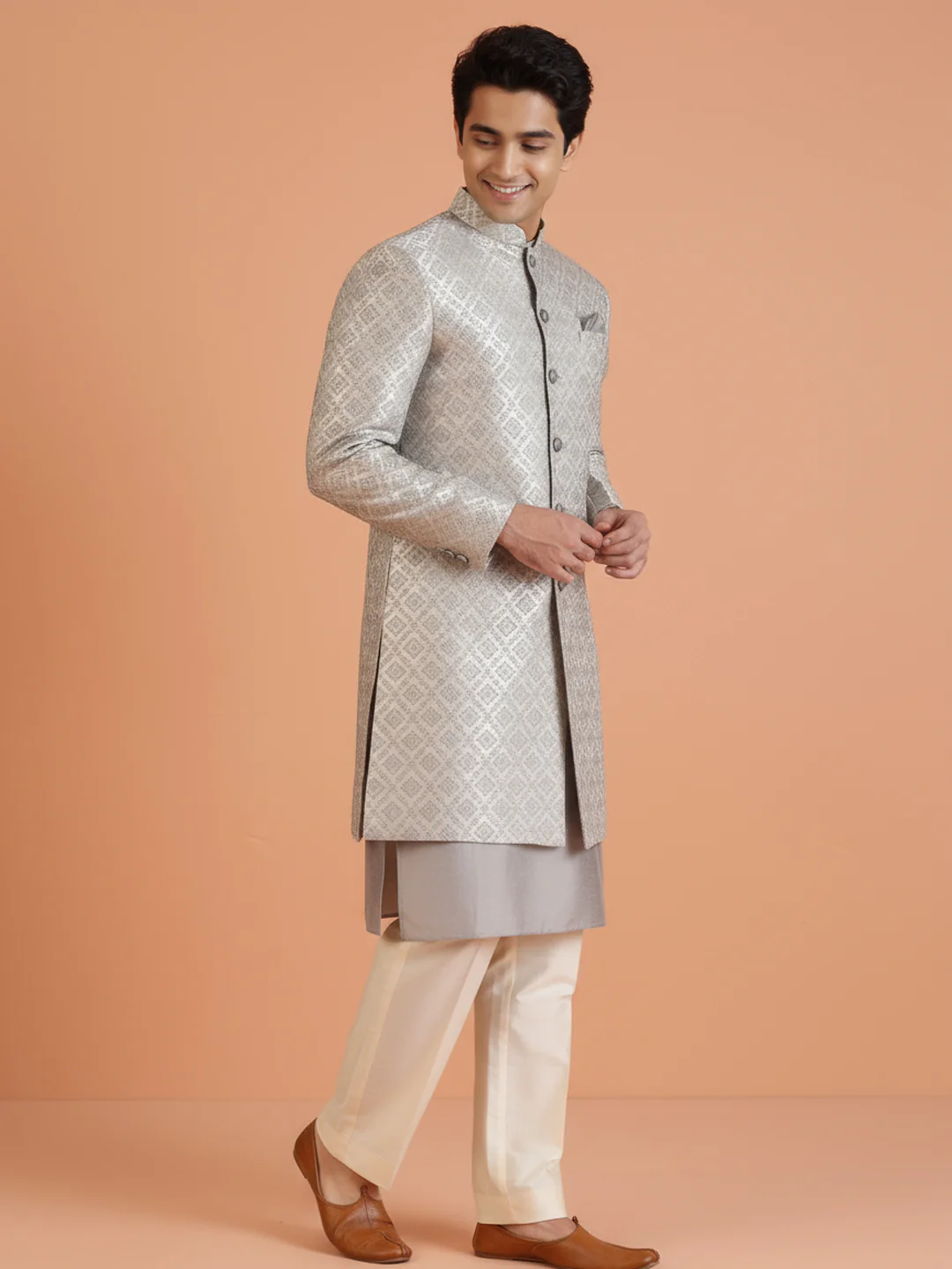 Silver Brocade Sherwani Trouser Set - Image 3