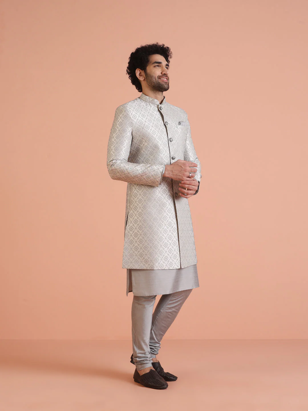 Silver Grey Silk Blend Woven Sherwani Kurta Churidar Set - Image 2