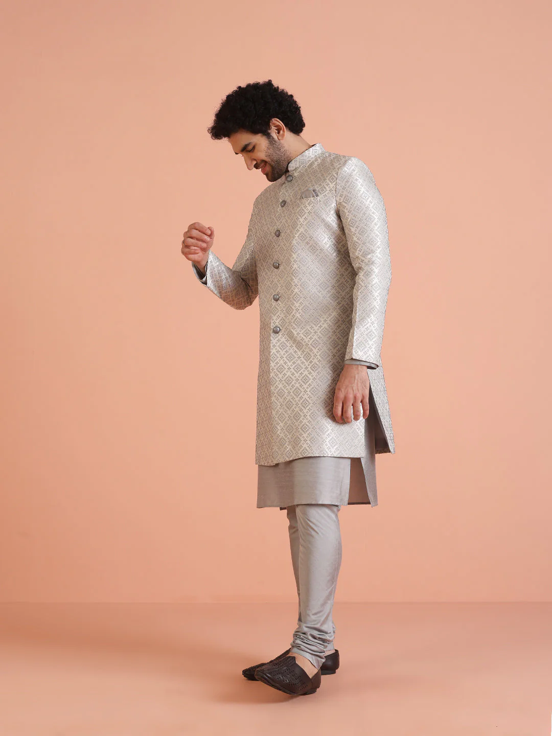 Silver Grey Silk Blend Woven Sherwani Kurta Churidar Set - Image 3