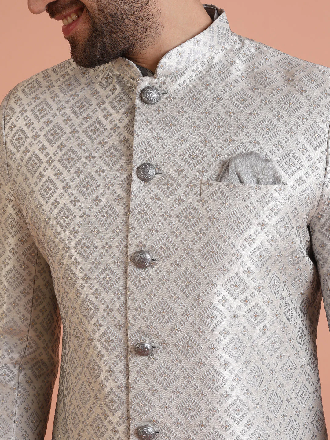 Silver Grey Silk Blend Woven Sherwani Kurta Churidar Set - Image 5