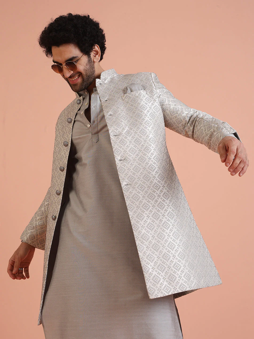 Silver Grey Silk Blend Woven Sherwani Kurta Churidar Set - Image 8