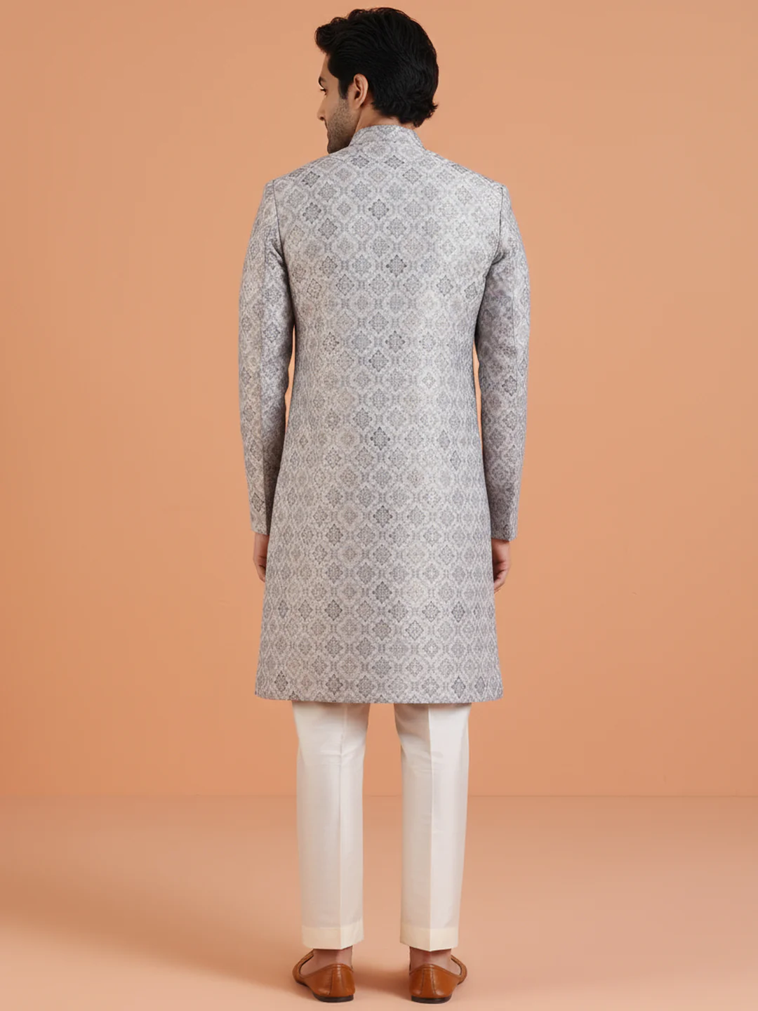 Silver Jacquard Sherwani Trouser Set - Image 3