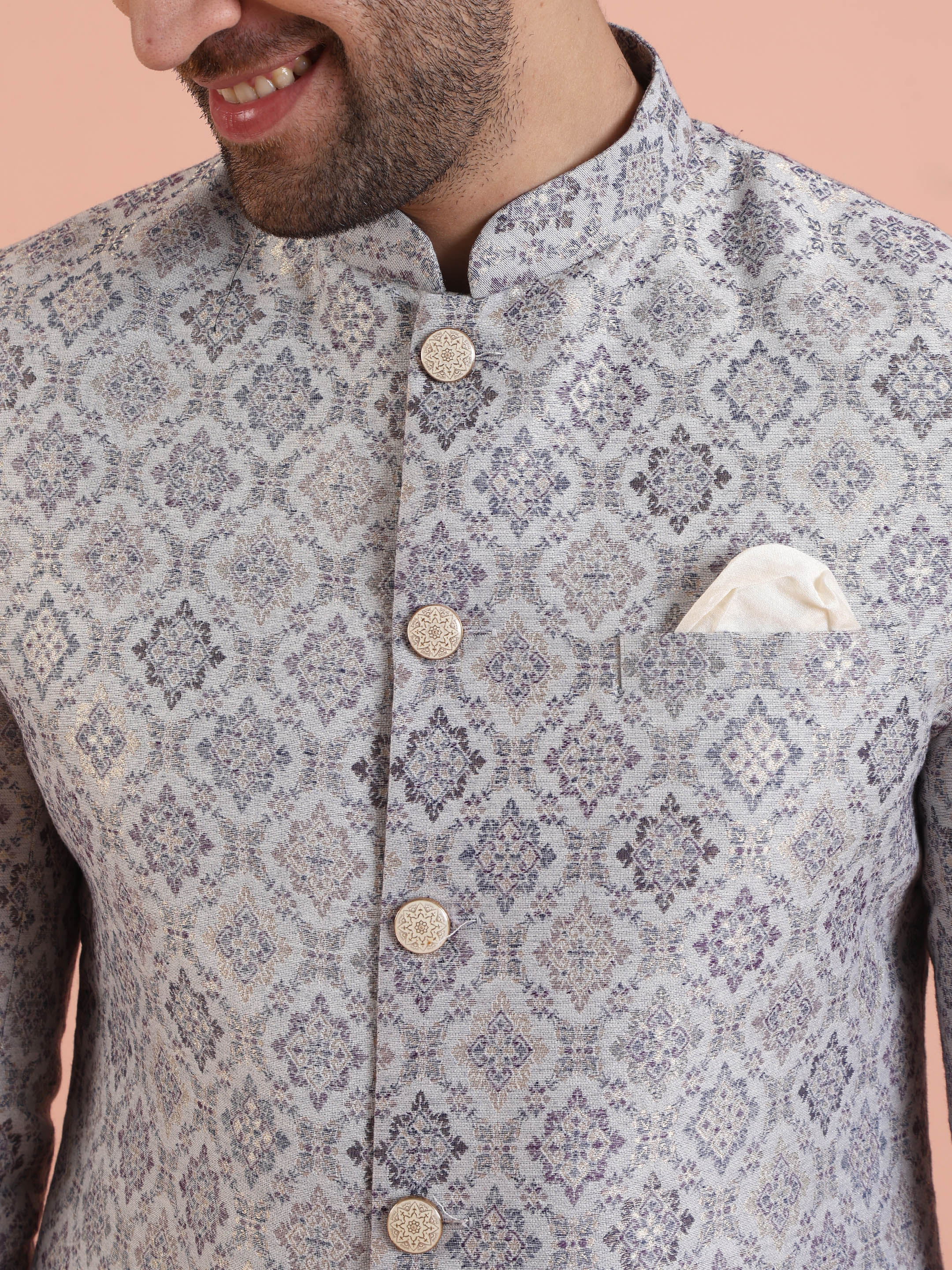 Silver Jacquard Sherwani Trouser Set - Image 4