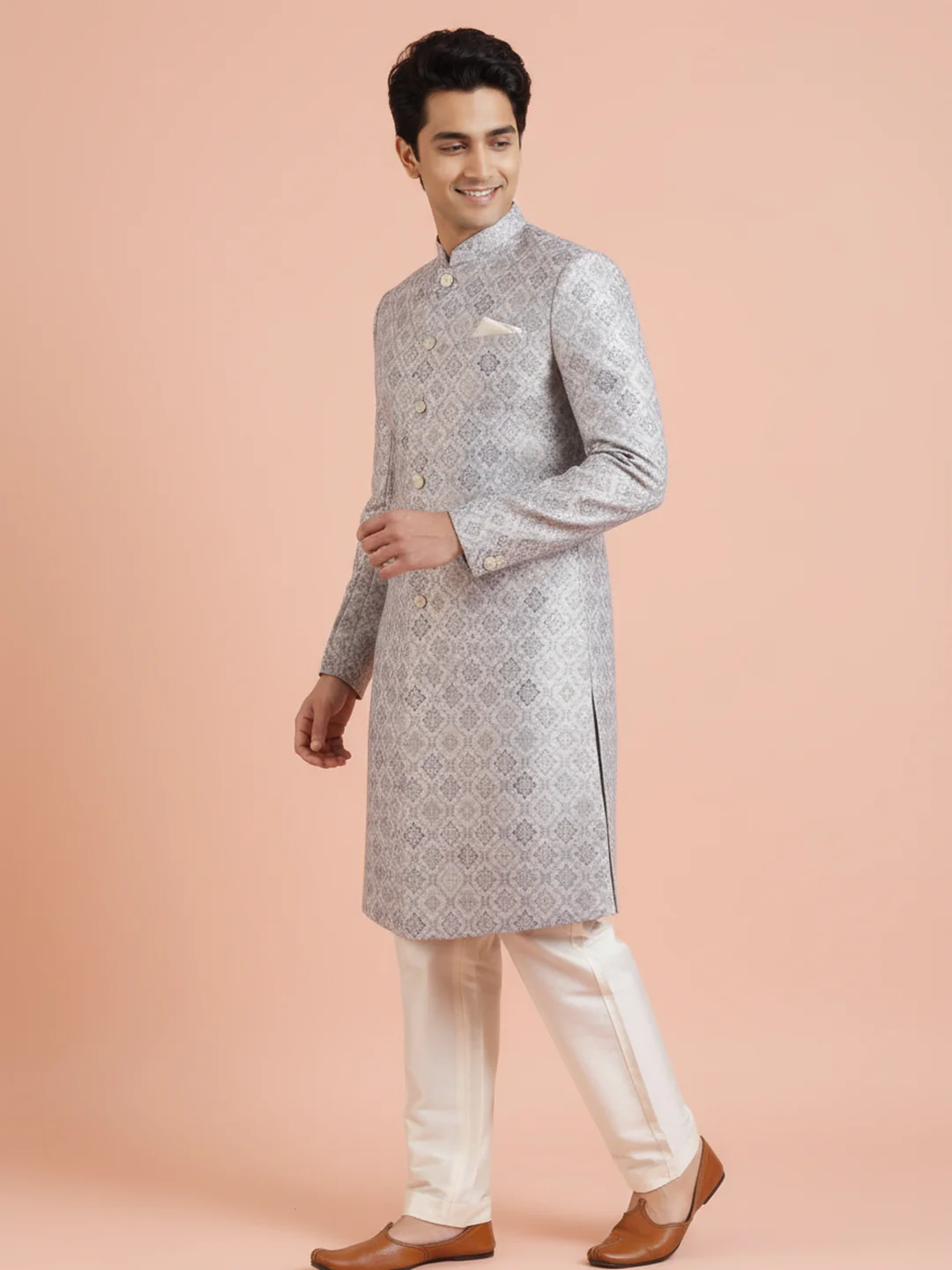 Silver Jacquard Sherwani Trouser Set - Image 7