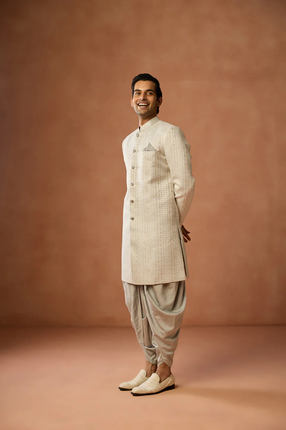 Cream Brocade Sherwani with Dhoti Set - Image 2