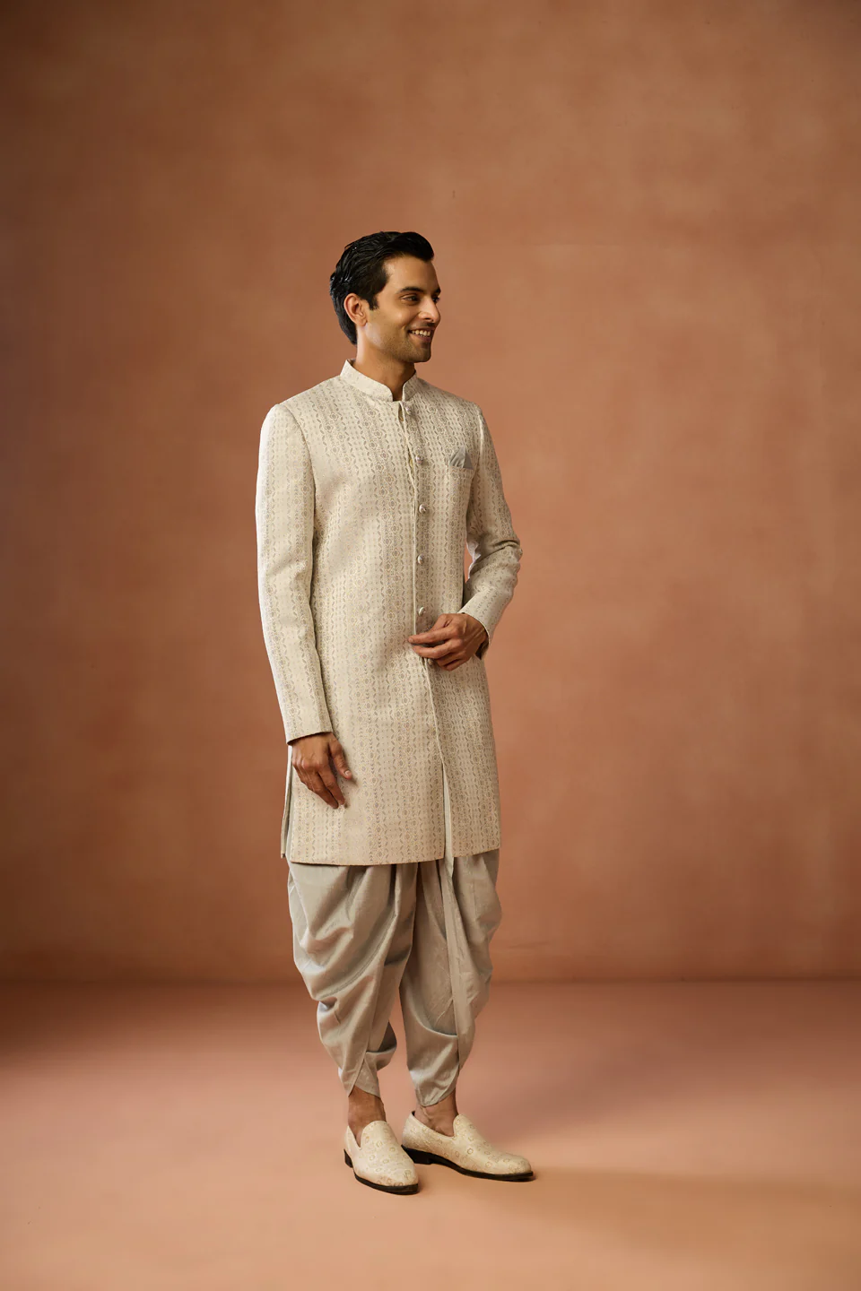 Cream Brocade Sherwani with Dhoti Set - Image 3