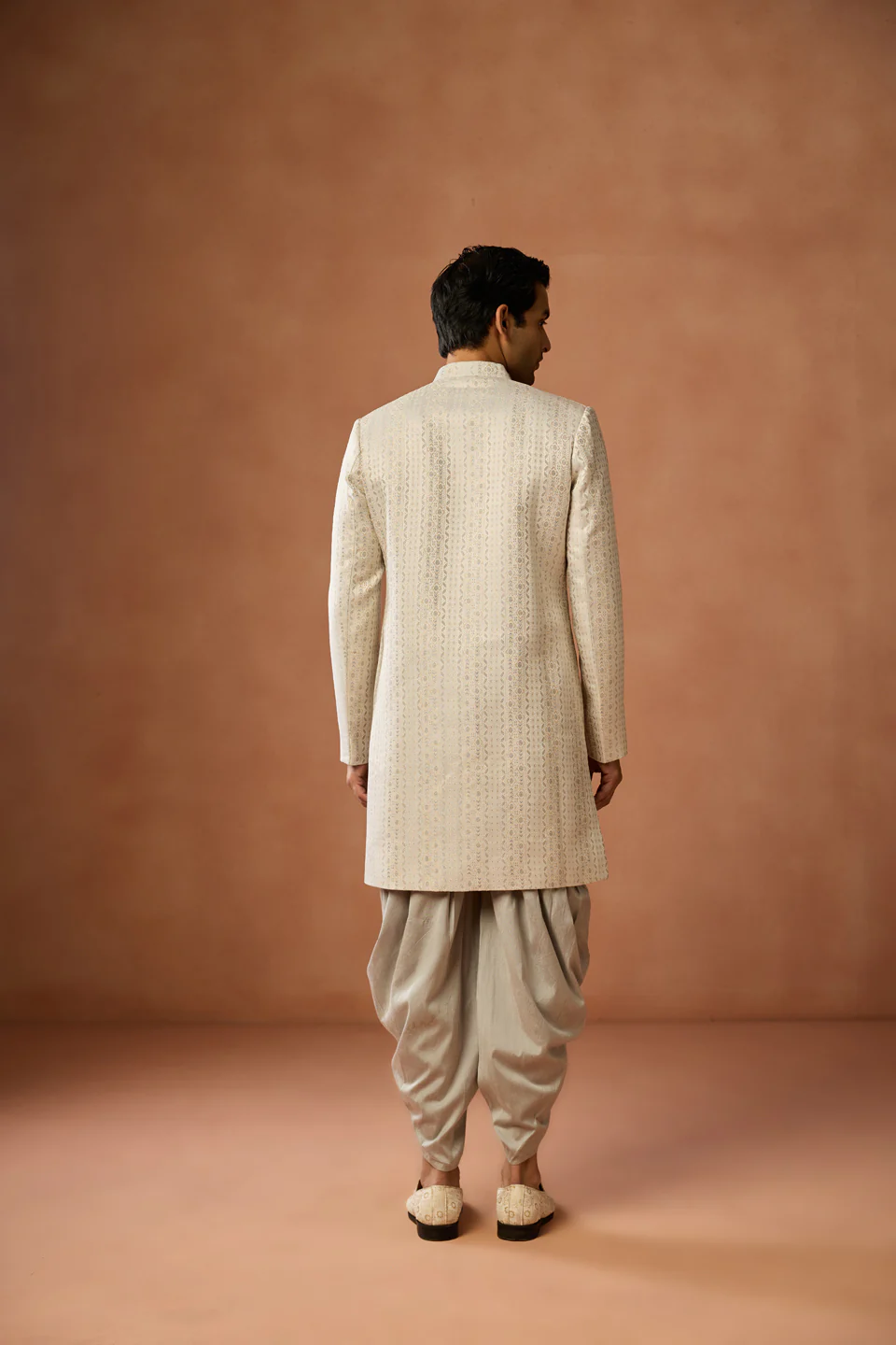 Cream Brocade Sherwani with Dhoti Set - Image 4