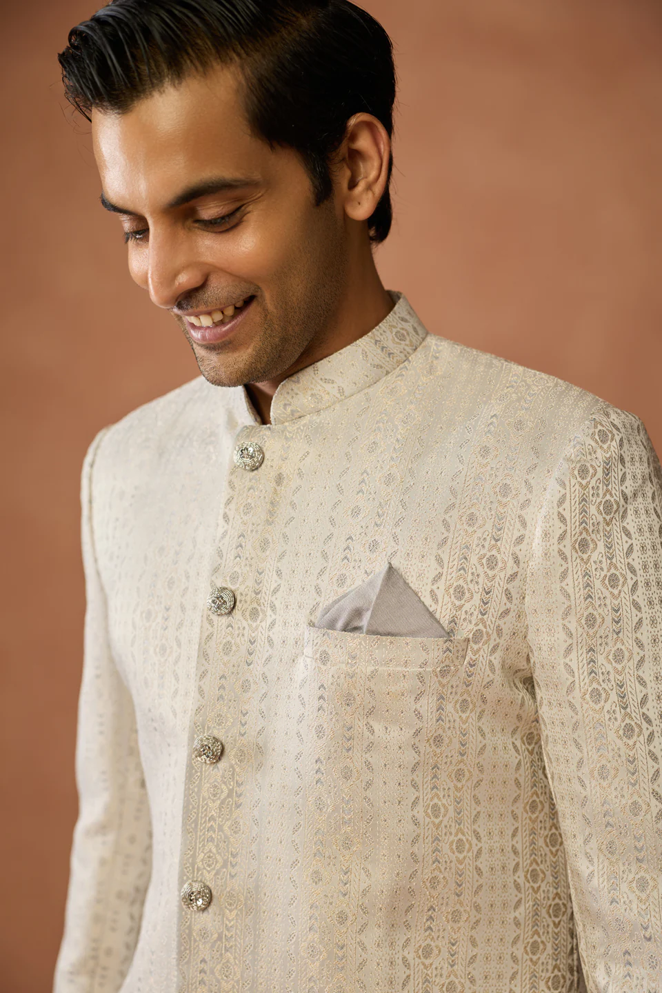 Cream Brocade Sherwani with Dhoti Set - Image 5