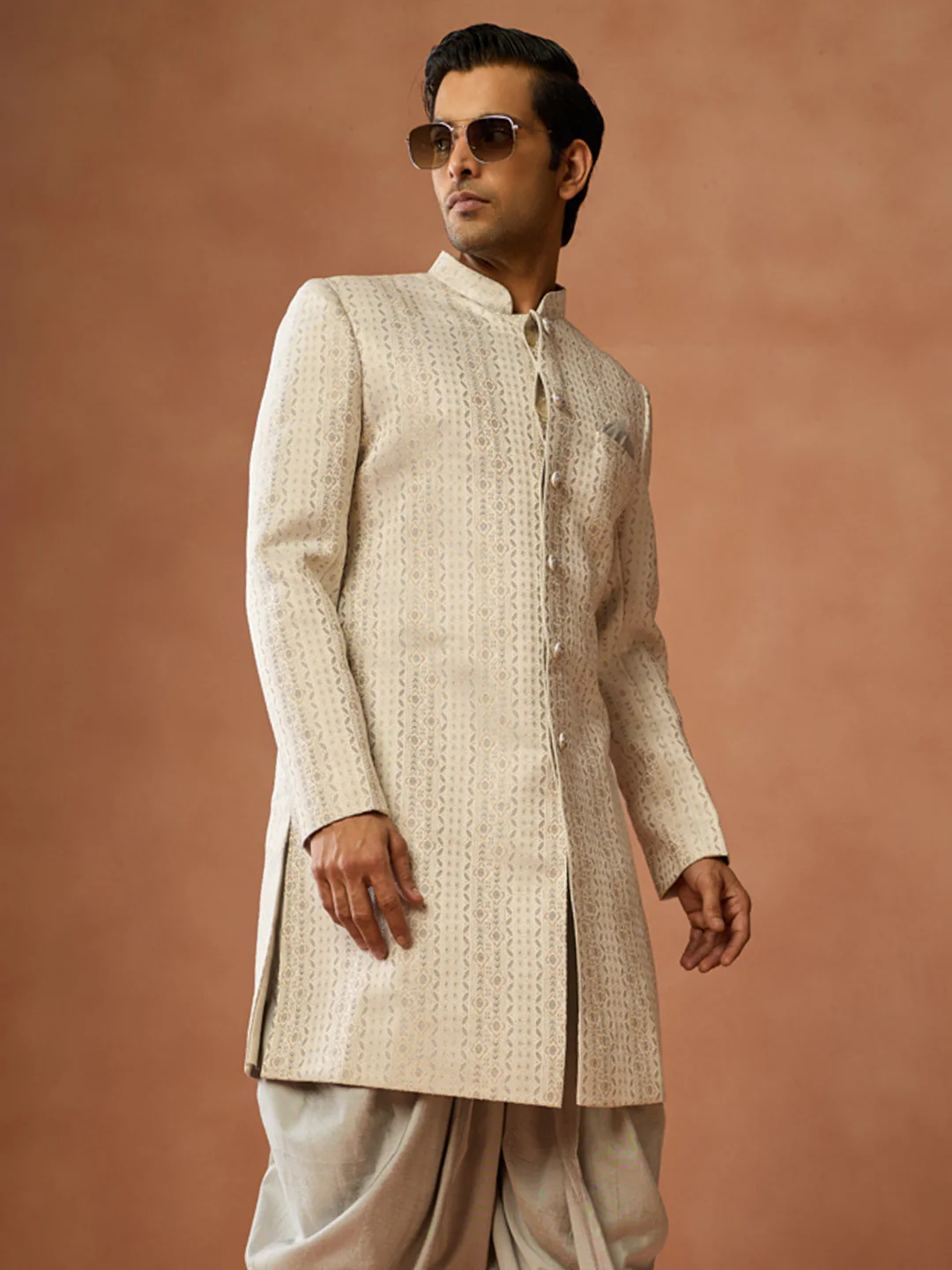 Cream Brocade Sherwani with Dhoti Set - Image 8