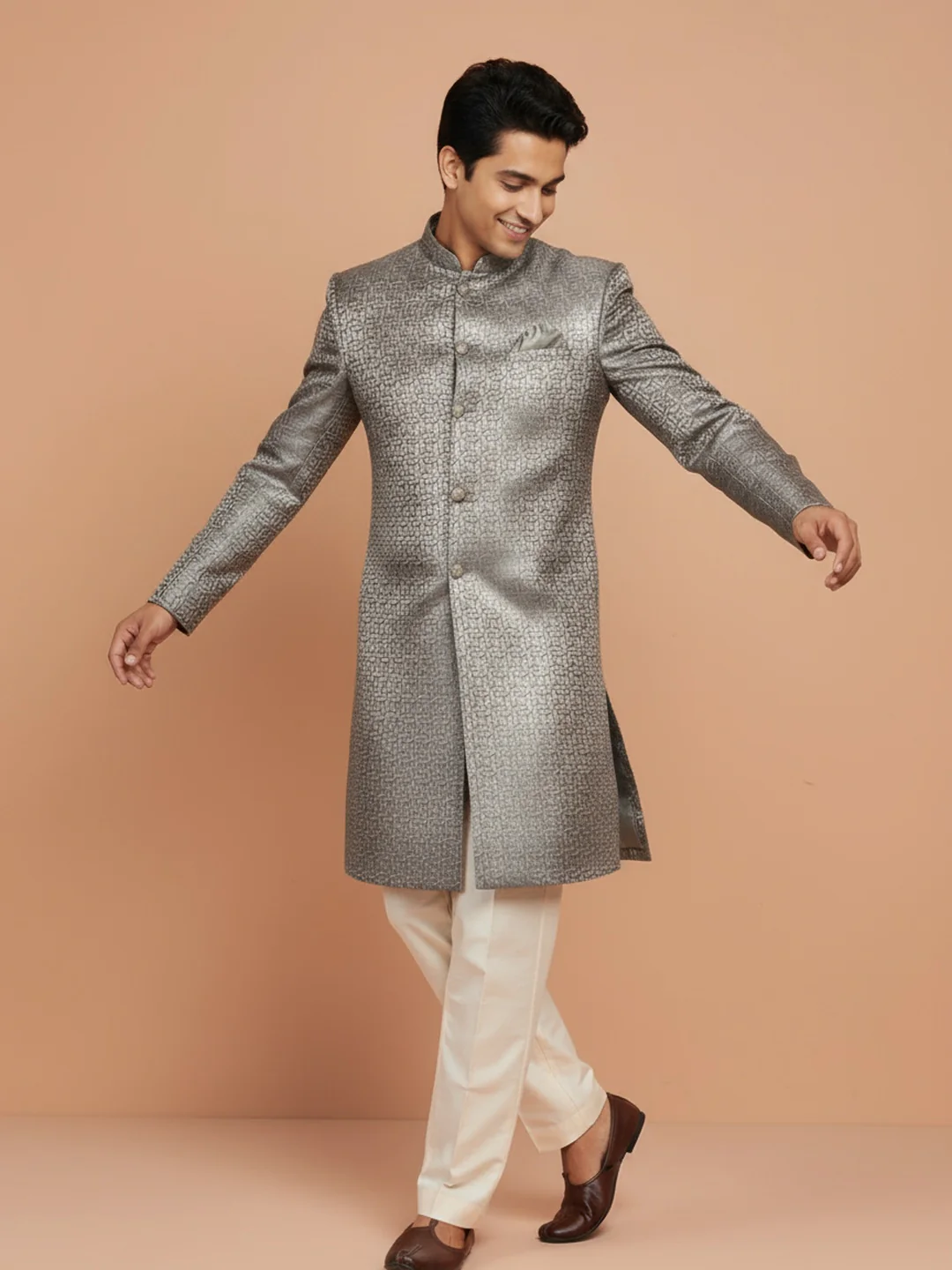 Silver Textured Sherwani Trouser Set - Image 3