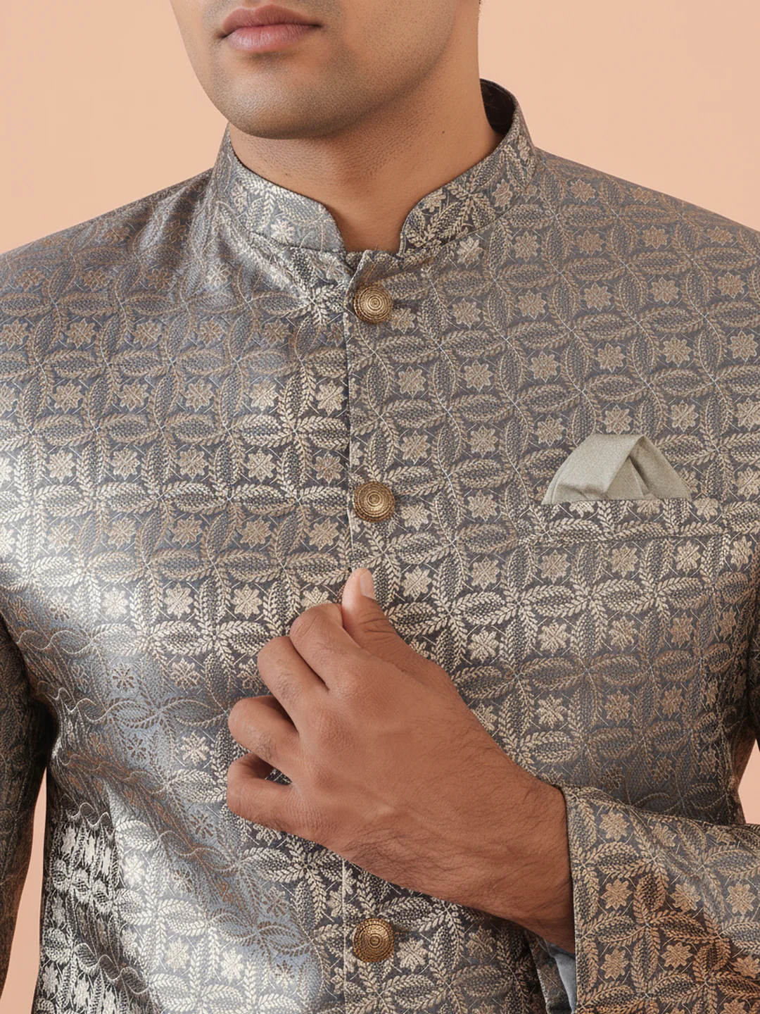 Silver Textured Sherwani Trouser Set - Image 5