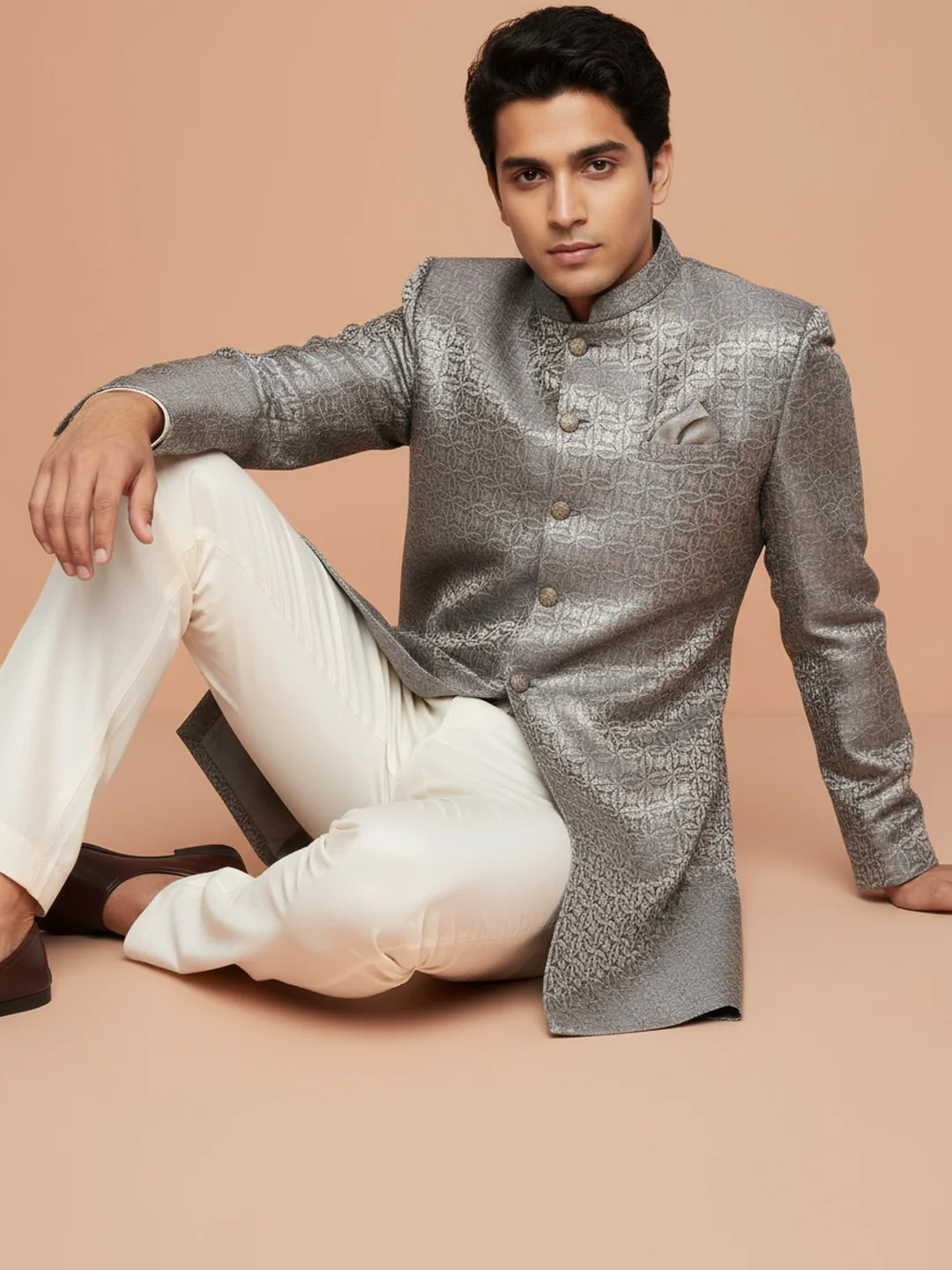 Silver Textured Sherwani Trouser Set - Image 7