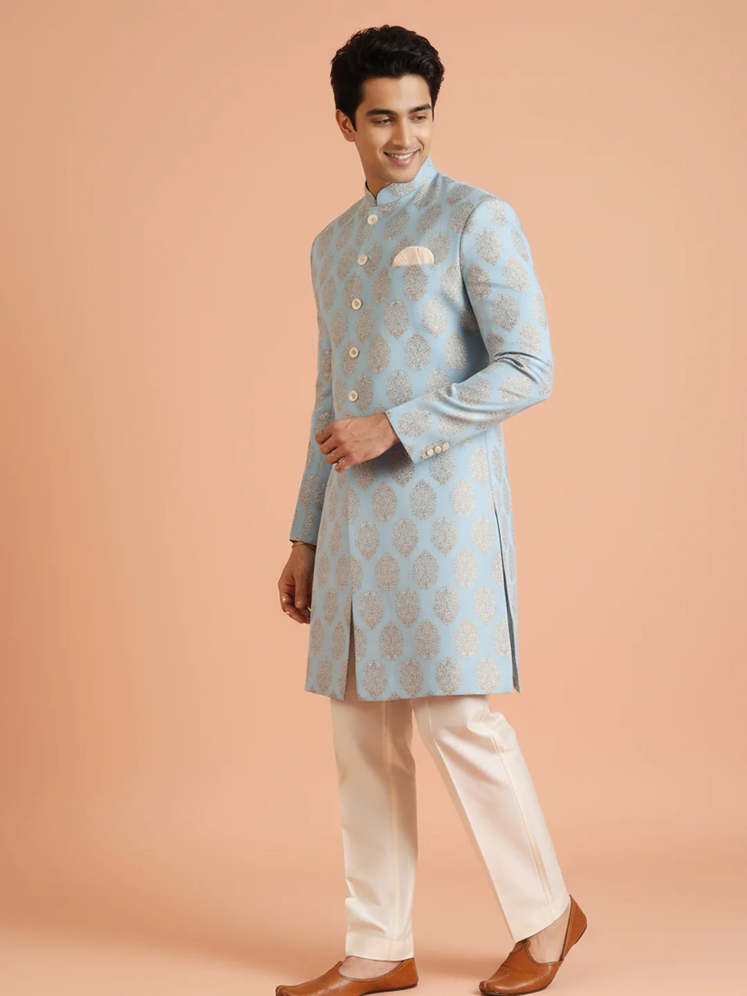 Sky Blue Brocade Sherwani Trouser Set - Image 3